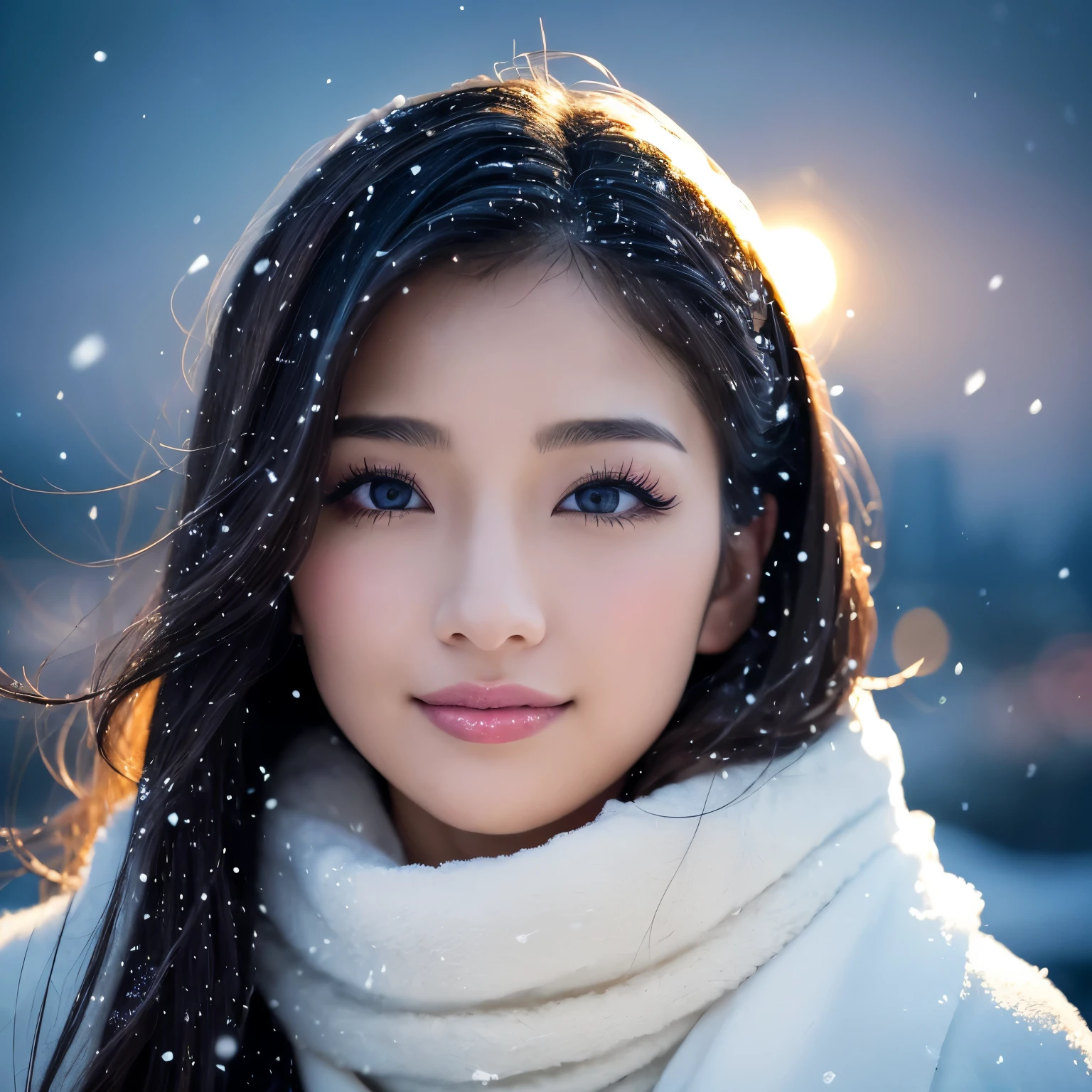 ((highest quality、table top、8K、best image quality、Award-winning work))、one beautiful woman、smile looking at me、(close up of face:1.6)、(The perfect and most natural long muffler:1.2)、(elegant thick coat:1.1)、epic movie lighting、(romantic love feelings:1.1)、(The most romantic and moody atmosphere:1.1)、winter city、Snowy landscape in the city、(The snow in the air sparkles finely:1.1)、(It&#39;s snowing heavily:1.1)、(Tyndall effect:1.1)、(Night view of the city with snow falling:1.2)、Shining beautiful skin、(accurate anatomy:1.1)、Ultra high definition beauty face、long eyelashes、natural makeup、ultra high definition hair、Ultra high definition eyes、(超高解像度でShining beautiful skin:1.1)、Super high resolution glossy lips、radiant beautiful skin