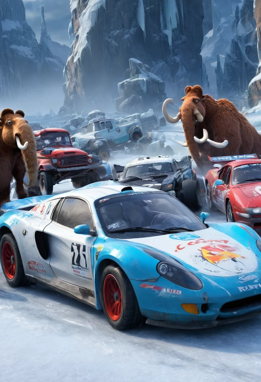 racing cars, "Kung Fu Panda" as driver, (best quality, masterpiece, perfect composition, very aesthetic, ultra-detailed, intricate details:1.3)