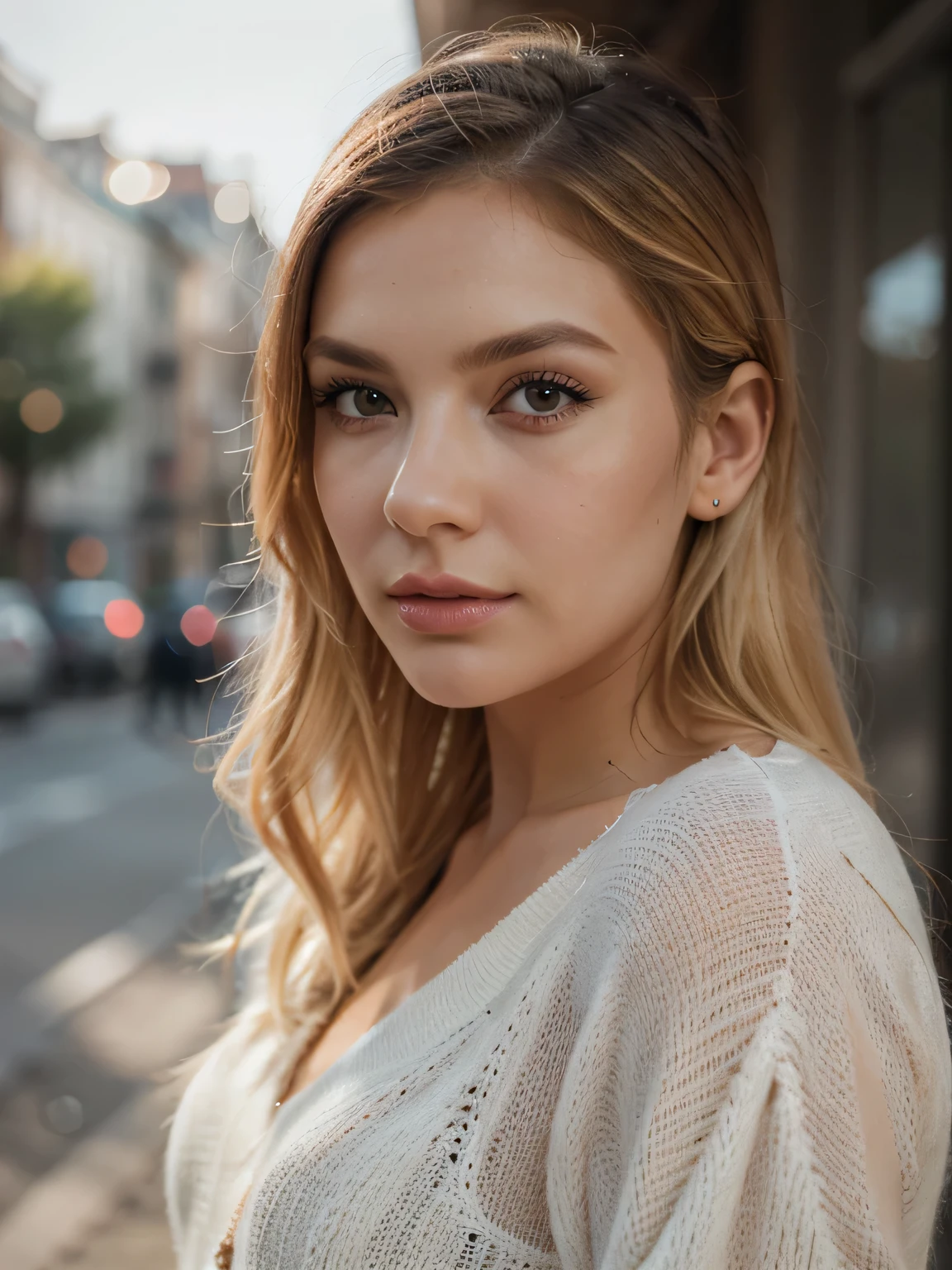 lindos olhos detalhados, beautiful detailed lips, rosto extremamente detalhado, long eyelashes, Cabelo loiro, elegant posture, roupa da moda, confident expression, professional studio lighting, High resolution photography, retratos, cores vivas, tons de cores suaves e quentes, luz solar natural, Bokeh