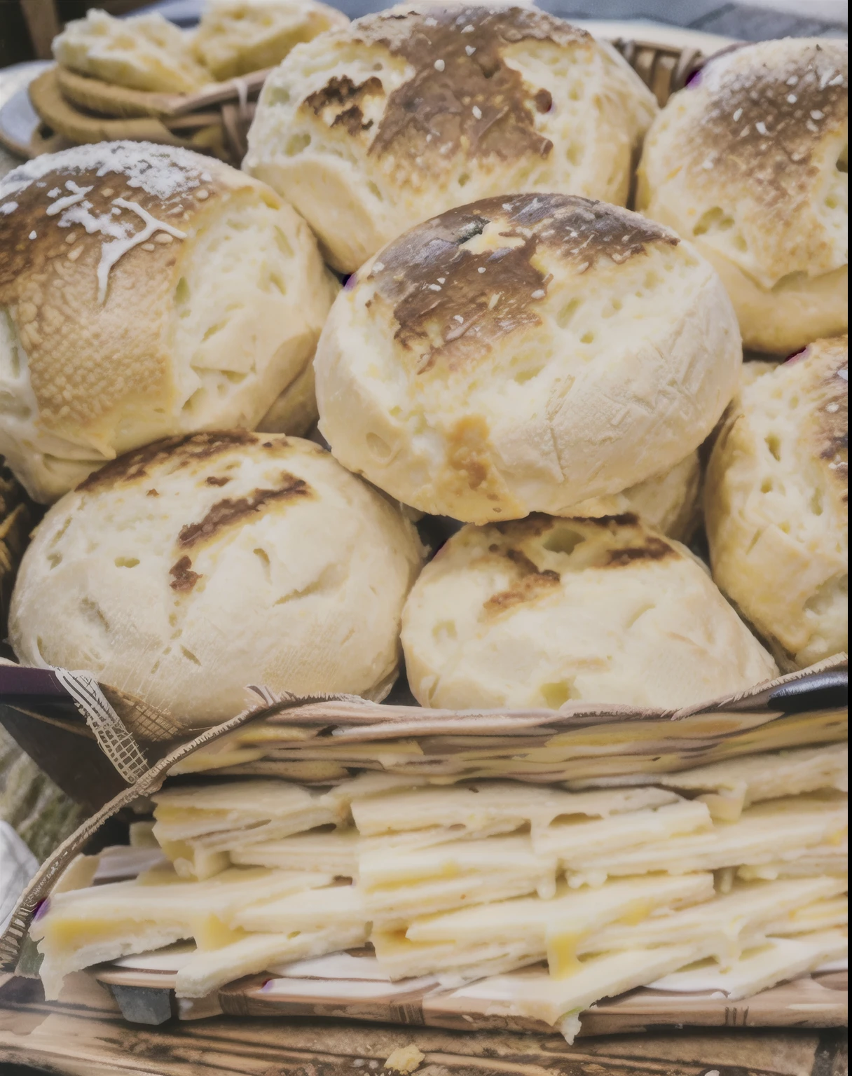 a close up of a basket of bread rolls on a table, breads crocantes, breads, bread, made of queijo, volumoso, inchado, (queijo), queijo, breads, cobrir, Easy, macio, brasileiro, receita, powder Nándor Katona, braavos, macio - warm, Cheddar, brega, barato, with a macio