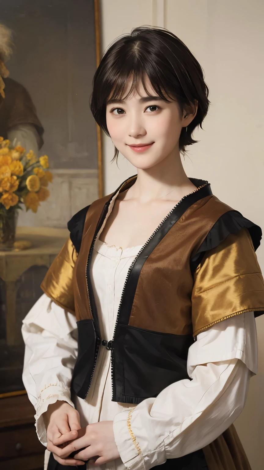 183 Short hair, 20 year old female, gentle smile, (rembrandt style painting), (chest:1.2), whole body