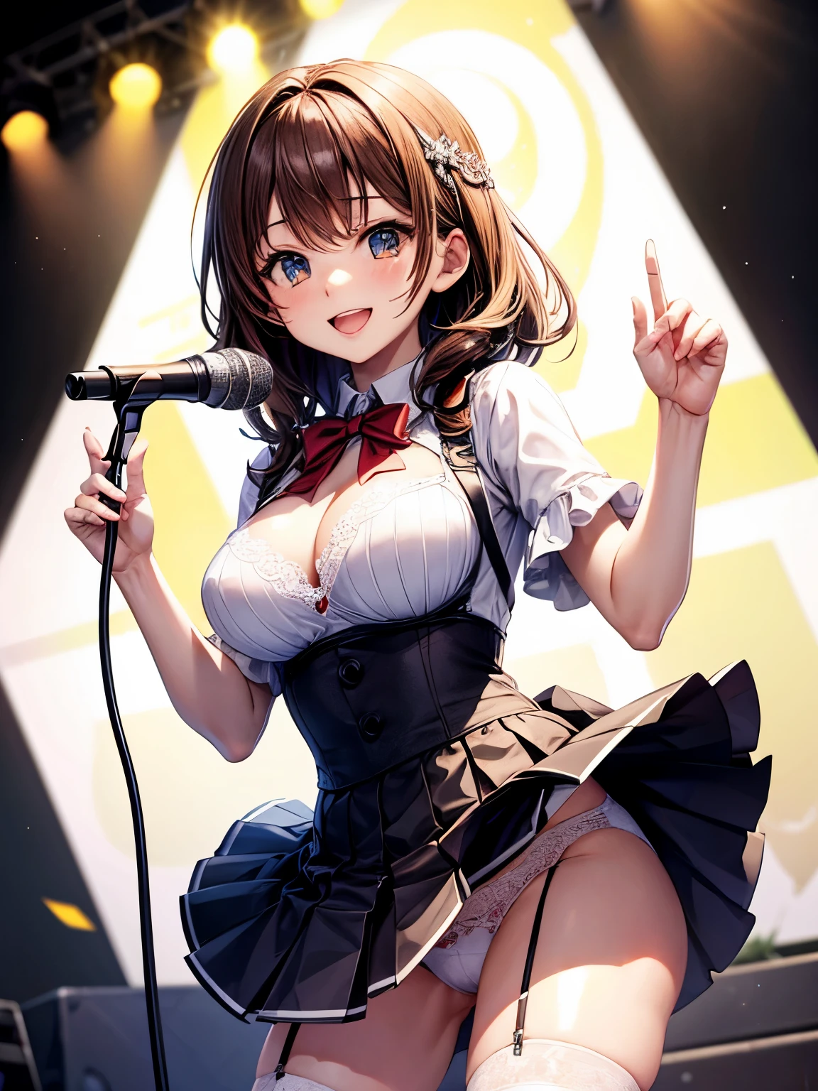 highest quality、All limbs、full finger、Slender beauty、brown hair、Dereste、red, 白とredのアイドル衣装:1.1、knee socks、beautiful big breasts、live stage、sing、holding a microphone, big smile、(white horizontal lace panties :1.1), skirt lift, (shirt lift:0.8), show off panties、(show off bra:0.92)