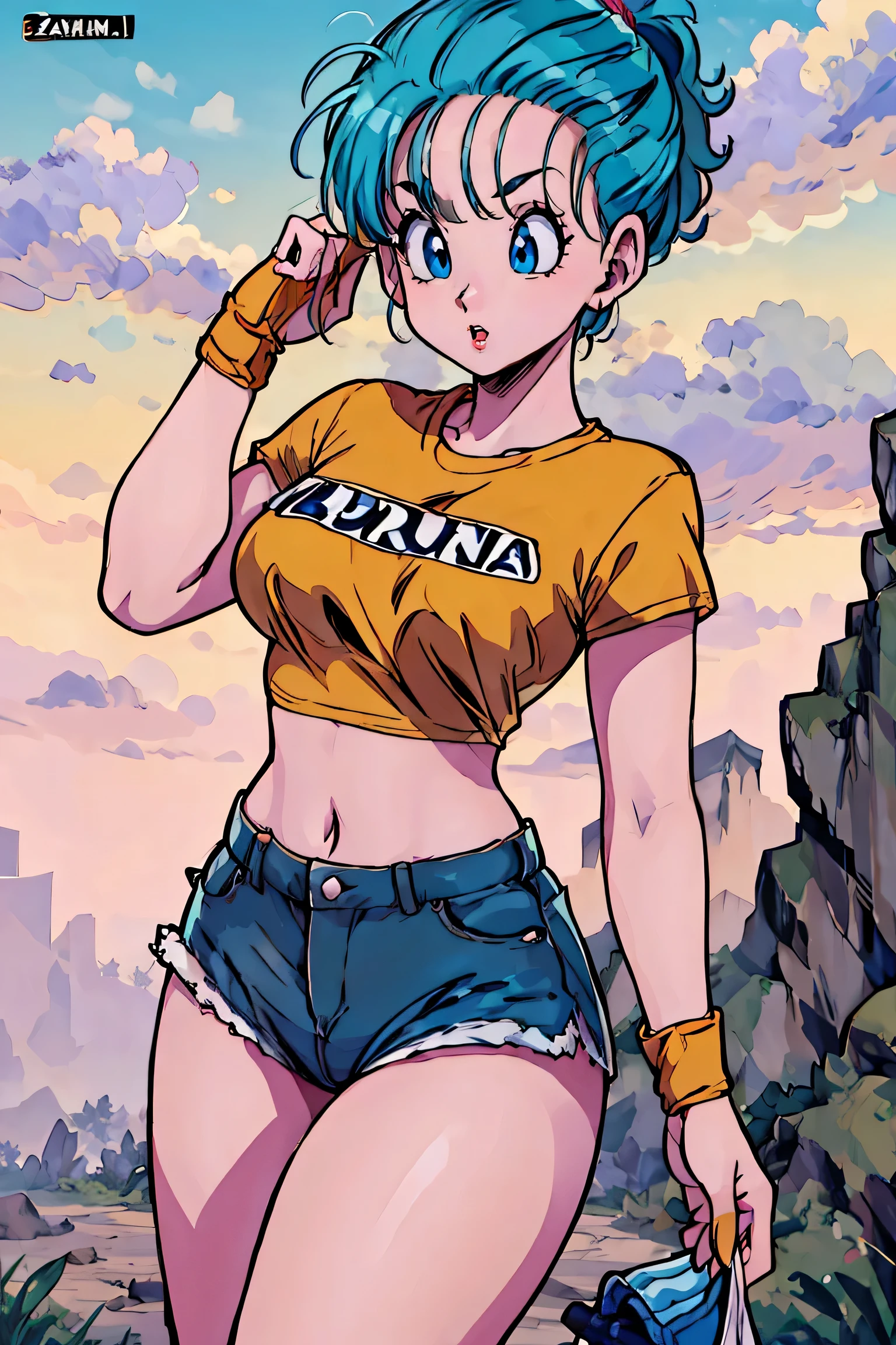 High Definition, 8K, cara detallada, agarrando su pecho, mostrando su pecho, bulma de dragon ball z, ojos azules profundos, (pechos grandes)), delgado y delgado, body of equal proportion in his chest)), Vista frontal, 2 mangos de pelo, Hermosa sonrisa, sonriendo al espectador, mejillas sonrojadas, desnudo desnudo