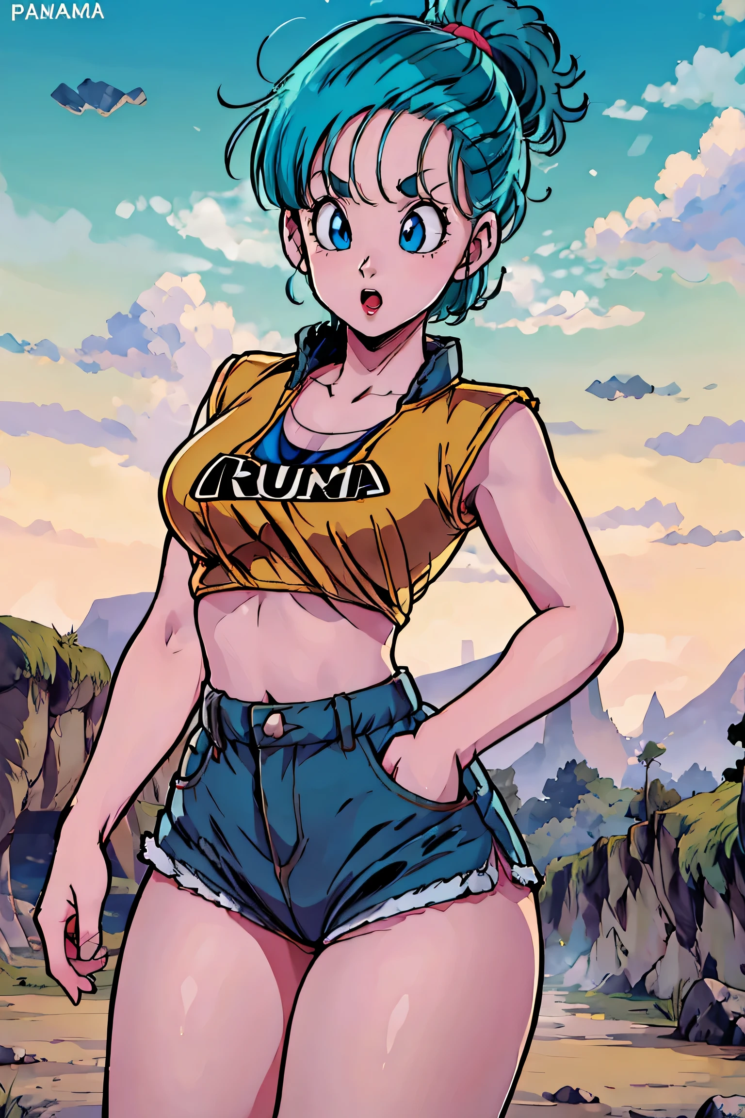 High Definition, 8K, cara detallada, agarrando su pecho, mostrando su pecho, bulma de dragon ball z, ojos azules profundos, (pechos grandes)), delgado y delgado, body of equal proportion in his chest)), Vista frontal, 2 mangos de pelo, Hermosa sonrisa, sonriendo al espectador, mejillas sonrojadas, desnudo desnudo