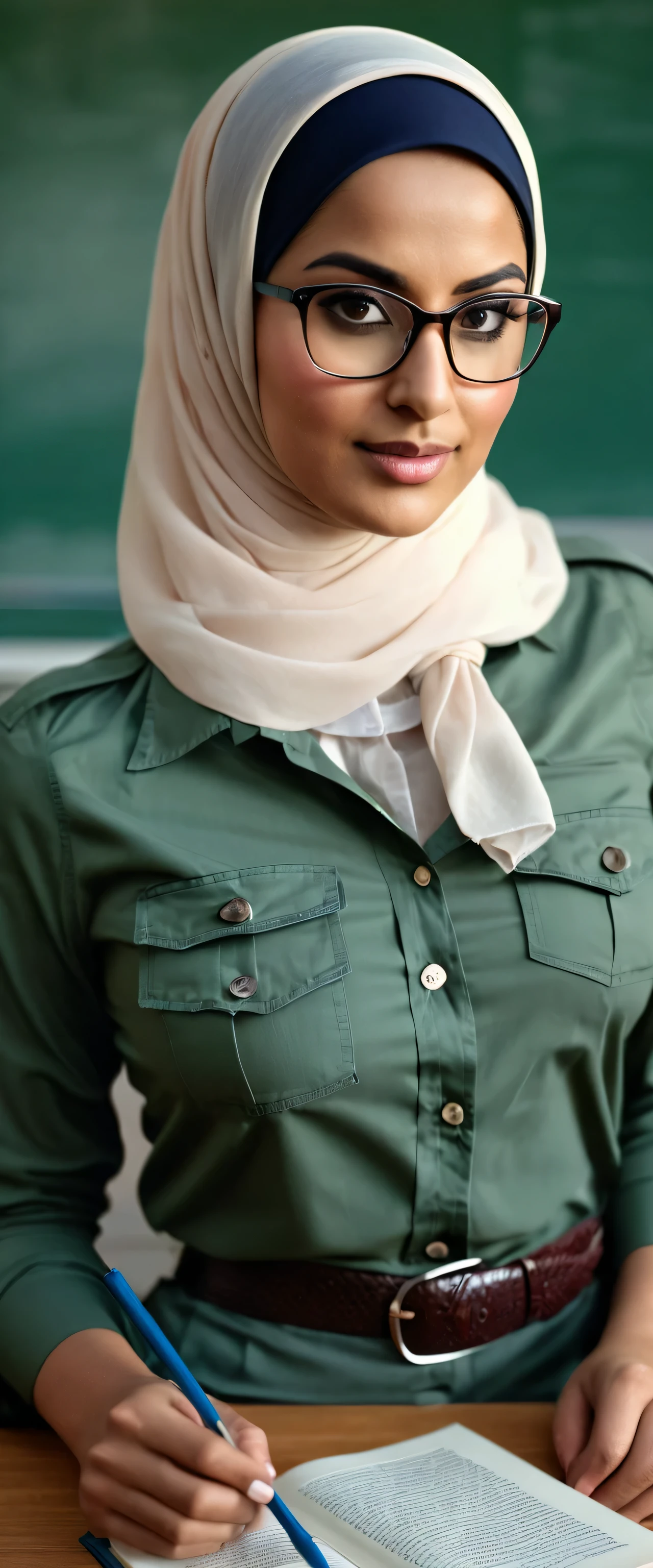 Civil servant, teacher, super realistic 3/4 shot, passionate pose, professional photography portrait of a 30 year old female teacher in a classroom, very realistic skin, cinematic lighting, very original hijab fabric details, glasses, holding a book, scout clothing, transparent button-up shirt with right and left pockets, long slave,