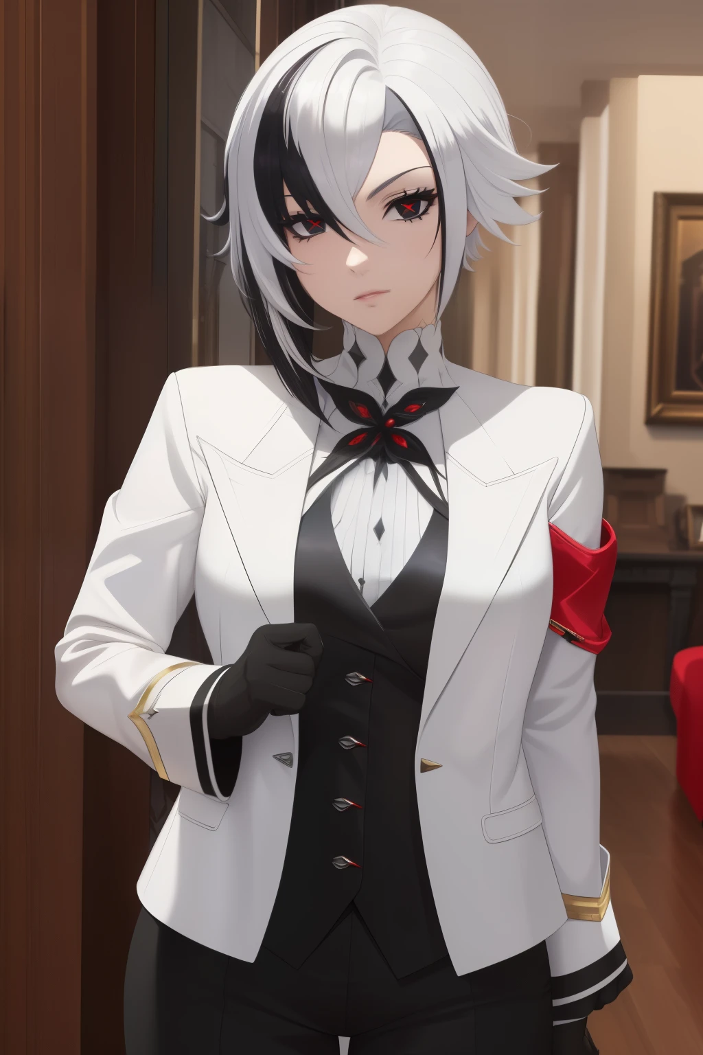 (top-quality, in 8K, 32K, masterpiece, A high resolution, Impressionism, Photorealsitic:1.2, anime style), ((detailed faces and eyes, beautiful face, black eyes with red crosses)), (((Masterpiece, mature female, Arlecchino, white and grey jacket with long sleeves, black trousers, high collar, formal suit, white hair with black streaks, black gloves))), Cinematic, 4k,