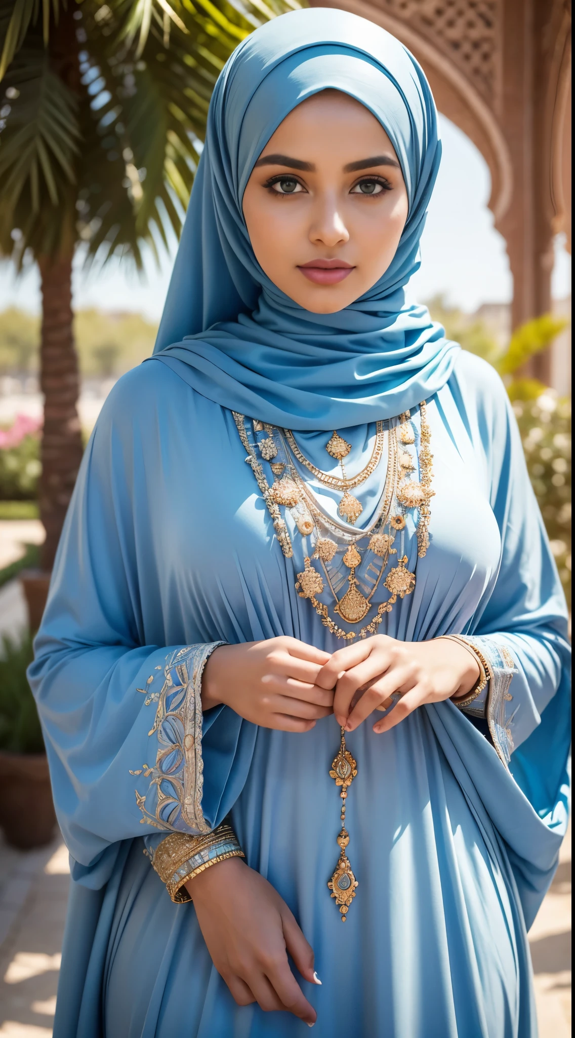 ( Close Up),RAW, Best quality, high resolution, masterpiece: 1.3), beautiful white woman in hijab,Masterpiece, perfect fit body, big breast,big gorgeous eyes, Soft smile,beutiful face,thick thighs, full body, woman in a purple hijab taking a picture of herself, long dress female, wonderful masterpiece, very beautiful islamic Arabic style, full covered dress, detailed dress and face, somali, traditional beauty, beautiful masterpiece, very beautiful masterpiece,islamic blue dress, wearing a dress made of beads, modest flowing gown, traditional dress, great masterpiece, wearing an ornate outfit, long dress , (Delicate turtleneck) , shairband, afternoon walk, City garden, Excellent lighting, Bright colors, Clean lines,