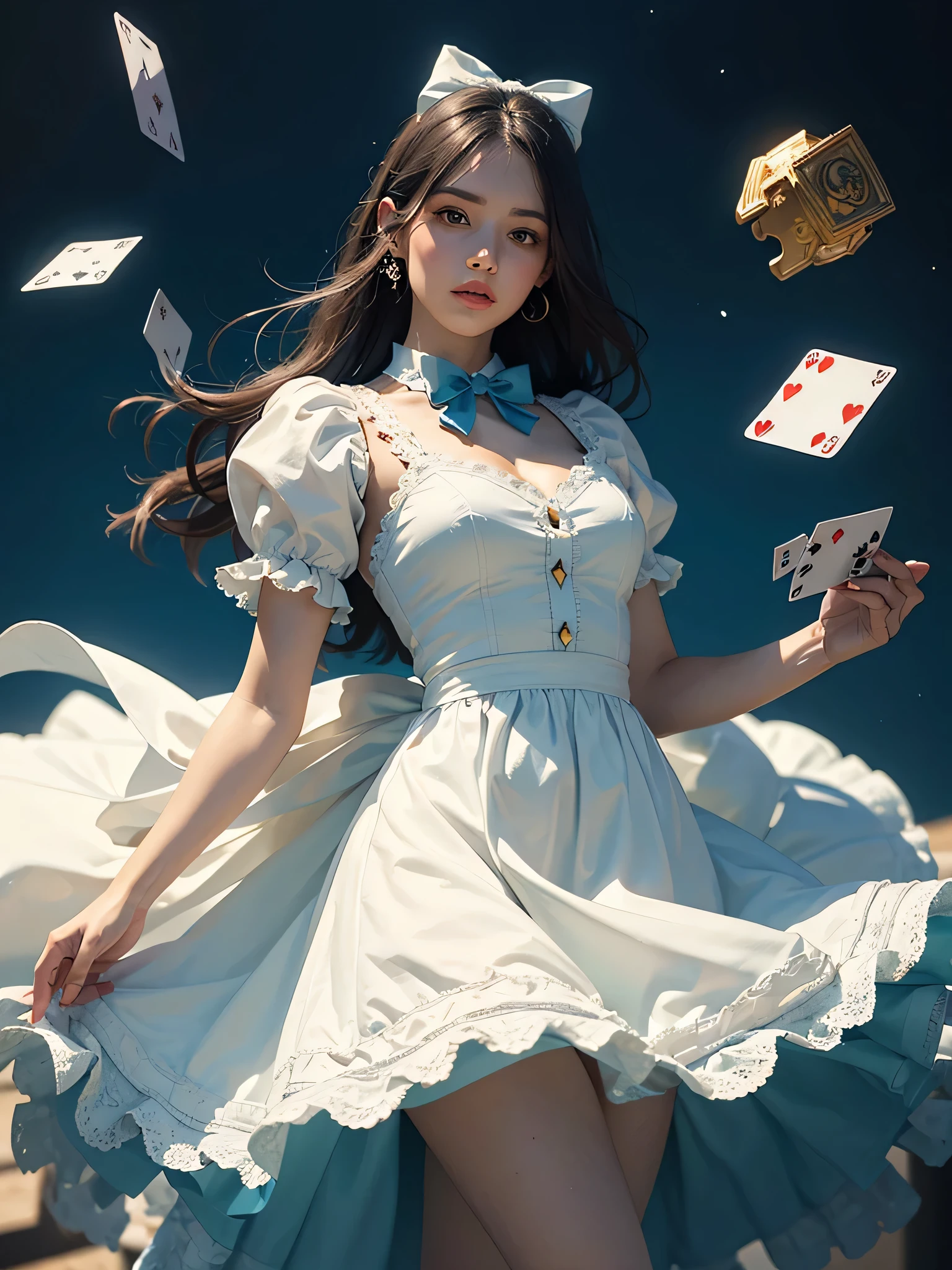 outstanding masterpiece, Ultra photo realism, perfect illustration, intricate details, best quality, strong light , high contrast, dynamic pose, blue dress and white shirt , Star wearing a fluffy dress，hearts and spades poker , golden rabbit in bow tie , Cream lace trim，Match it with bright sky blue gauze.. , There are also a pair of large bows at the back.. , in wonderland , mural puzzle-like elements