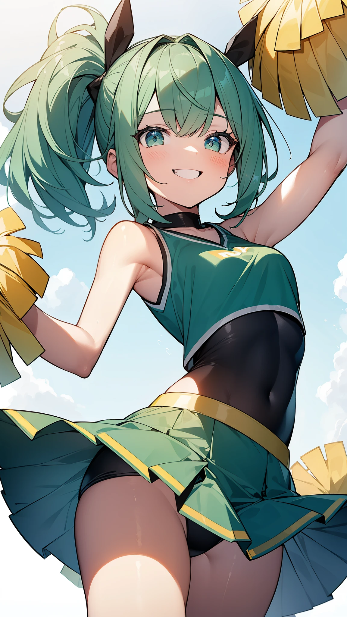 32k, 16k, 8k, best quality, ultra-detailed, high resolution, perfect anatomy, head on, stadium background, cheerleader, high quality eyes, cute girl, peek from below, happy smile, ligth green hair, acrobatic pose,