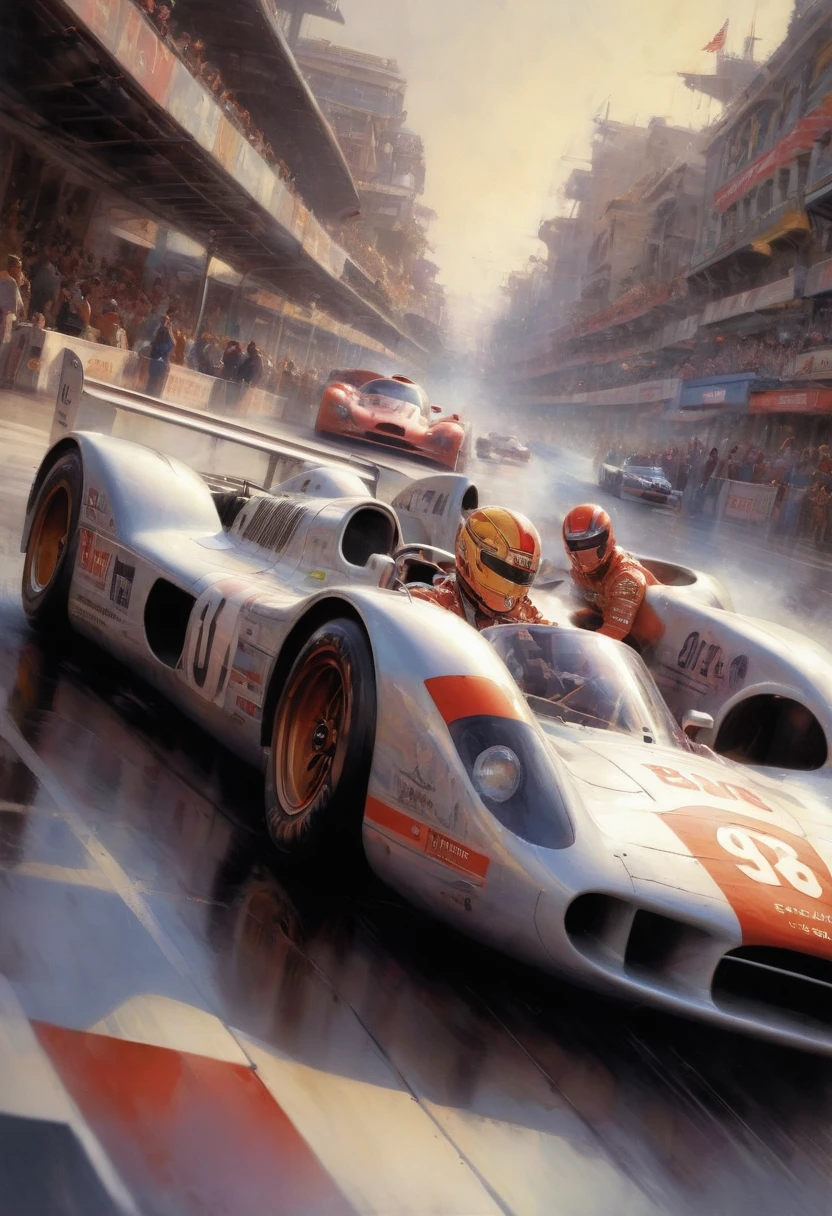 racing cars, by Drew Struzan, best quality, masterpiece, very aesthetic, perfect composition, intricate details, ultra-detailed