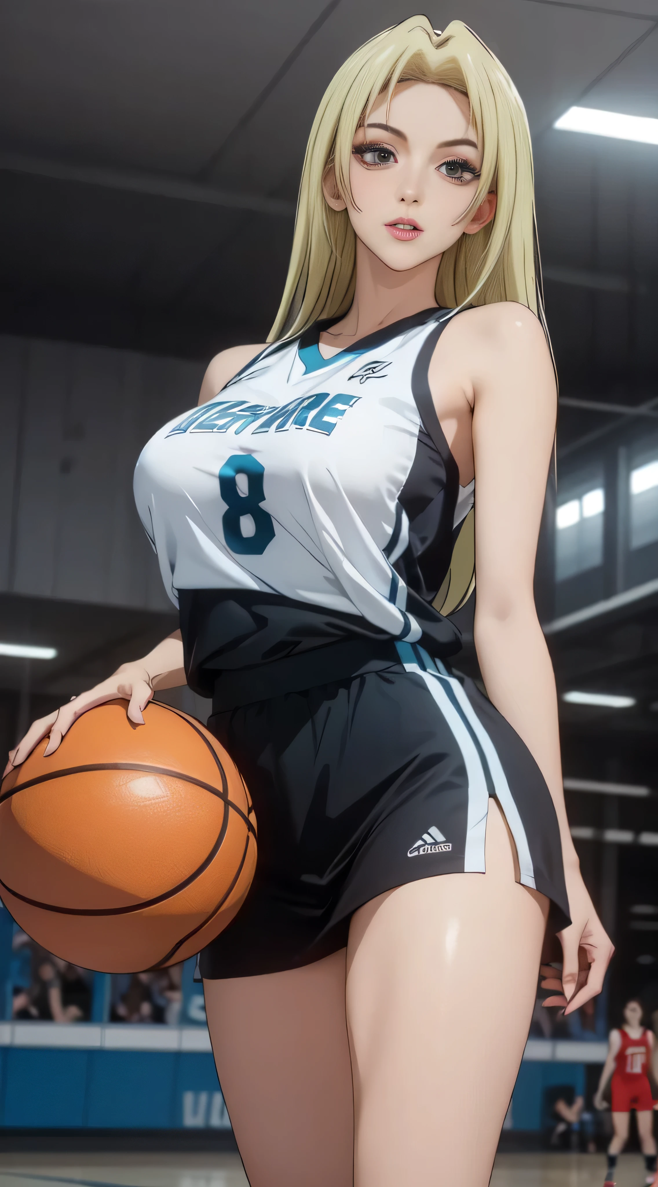 ((masterpiece, Best Quality, high resolution, Perfect Pixel, 8K))), 1 girl、slim thighs、full body seen、 ((Bangs、gorgeous blonde hairs))、((Gorgeous blackeyes、Beautiful eyelashes、Realistic eyes))、 ((Detailed face, Blushing:1.2))、((Smooth texture:0.75, Realistic texture:0.65, Photorealistic:1.1, Anime CG style))、Dynamic Angle、Perfect body、(Women Sports skirt、holding the ball in hand、mourh open、beautiful detailed legs、Throwing the ball in basket、Background Basketball court、Basketball uniform)、Perfect realistic representation of face、(no-bra)、(beautiful portrait、very High quality、ultra high definition、 insanely detailed face、ultra high quality、ultra high clarity、best quality)、insanely detailed dress、realistic representation of a face、curvy body、shoes、white skin、Playing basketball、best image quality、best clarity、 highest resolution、8k resolution、ultra high resolution、beautiful smile、beautiful eyelashes、beautiful face、gorgeous representation of a face、curvy body、perfect body、full body posture、erect through、erotic face、glistening sweat、dynamic lightning、perfect body、dynamic lightning、 (innocent_big_eyes:1.0)、Bright_Front_face_Lighting、seen from front、shiny skin、bokeh:1.2、Full body shot、professional photograph、(Beautiful,large_Breasts:1.4)