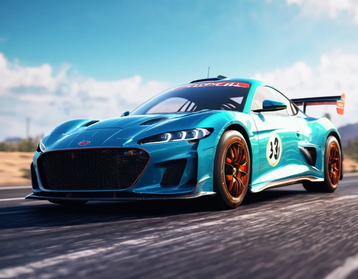 (best quality,4k,8k,highres,masterpiece:1.2),ultra-detailed,ultra-realistic,close up,racing car,highway,motion blur,focus car,front view