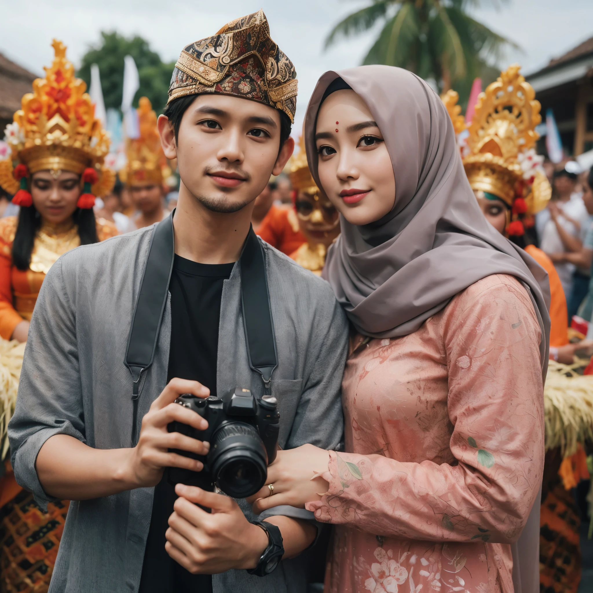 outdoor family photo in Indonesia, 33-year-old man, 30-year-old woman, wearing a hijab, slightly overweight, walking hand in hand, taking a photo in front of a crowd at a typical Bali festival, also featuring the typical Balinese 'ogoh-ogoh' statue, posing for the camera, realistic photo, ultra HD, detailed, sharp, 8k