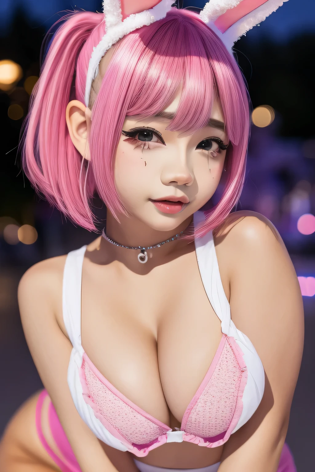 Open-air bath at night、noche、noche town、Neon glowing city、paisaje urbano de showa、bajo la farola、vestido rojo、cabello rosado、escena nocturna、escote del pecho、(8K, de primera calidad, obra maestra:1.2), (realisitic, Fotorrealista:1.37), ultra detallado, 1 chica en, Capa de esbifa de cuerpo entero、cute little、solo、Hermoso cielo nocturno detallado、(Una sonrisa:1.15)、(boca cerrada)、、Ojos en hermosos detalles、(cabello corto:1.2)、Cabello flotante NovaFrogStyle、pieza masetero、Bob atajo rosa、Orejas de conejo realistas、Orejas de conejo realistas rosas、Orejas realistas de conejos saliendo de la cabeza.、cabello rosado、Beautiful girl in her 20s、Fascinating atmosphere、Manos con hermosas formas、k-pop、Orejas de conejo rosa、1 chica en、solo、 obra maestra、de primera calidad、realisitic、Hiperdetalle、(piel brillante:1.4)、absurdo、pelo corto rosa、Bellezas esbeltas、dynamic lighting、high resolution、sharp focus、profundidad de campos、(grueso apretado:1.0)、un delgado :1.2,((Cabello bob corto))、((k-pop:1.3)),Textura facial y de piel muy detallada.、((encantador)),Anatomically correct number of fingers.,correct anatomy, mojado