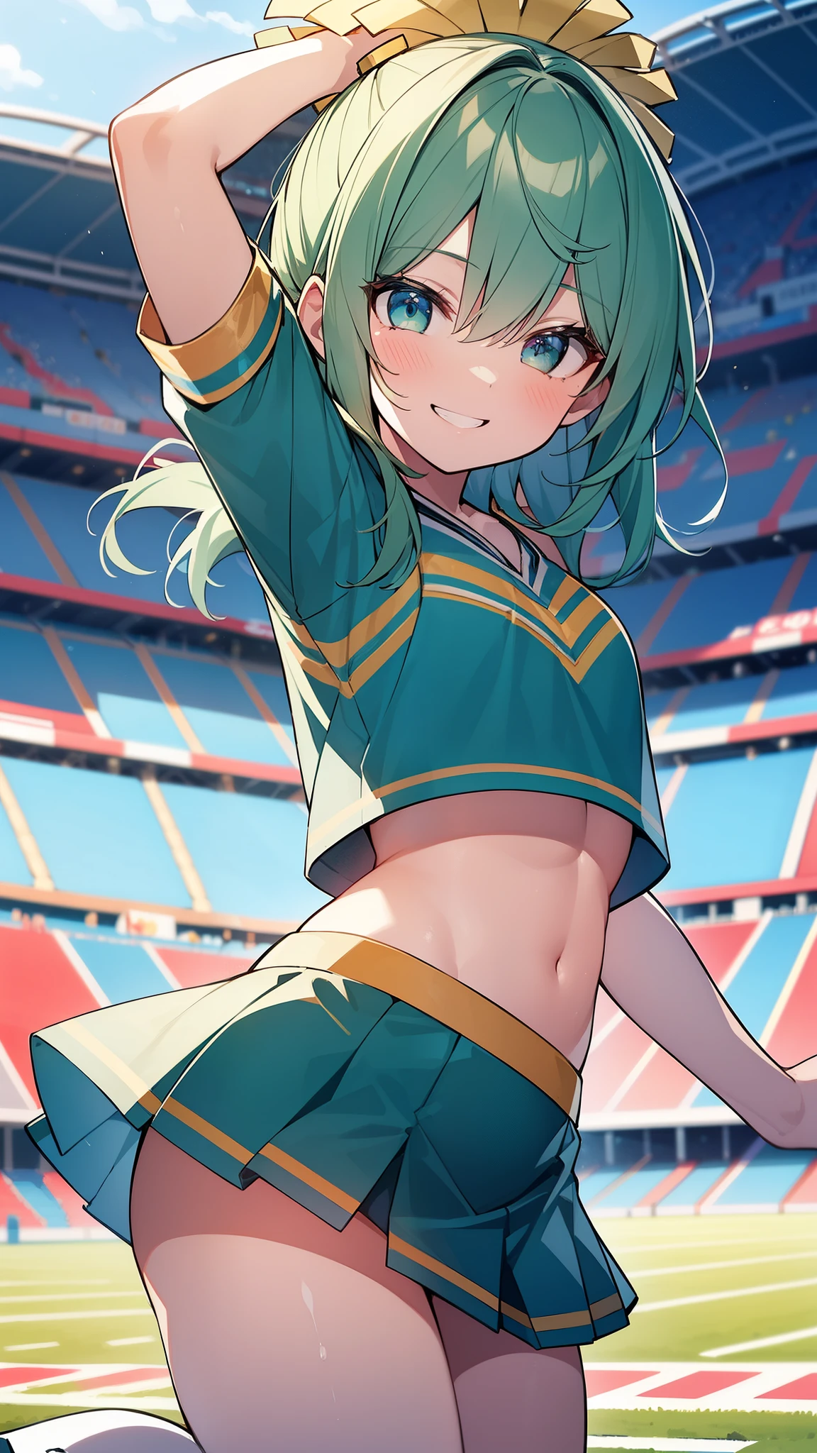 32k, 16k, 8k, best quality, ultra-detailed, high resolution, perfect anatomy, head on, stadium background, cheerleader, high quality eyes, cute girl, peek from below, happy smile, ligth green hair, acrobatic pose,