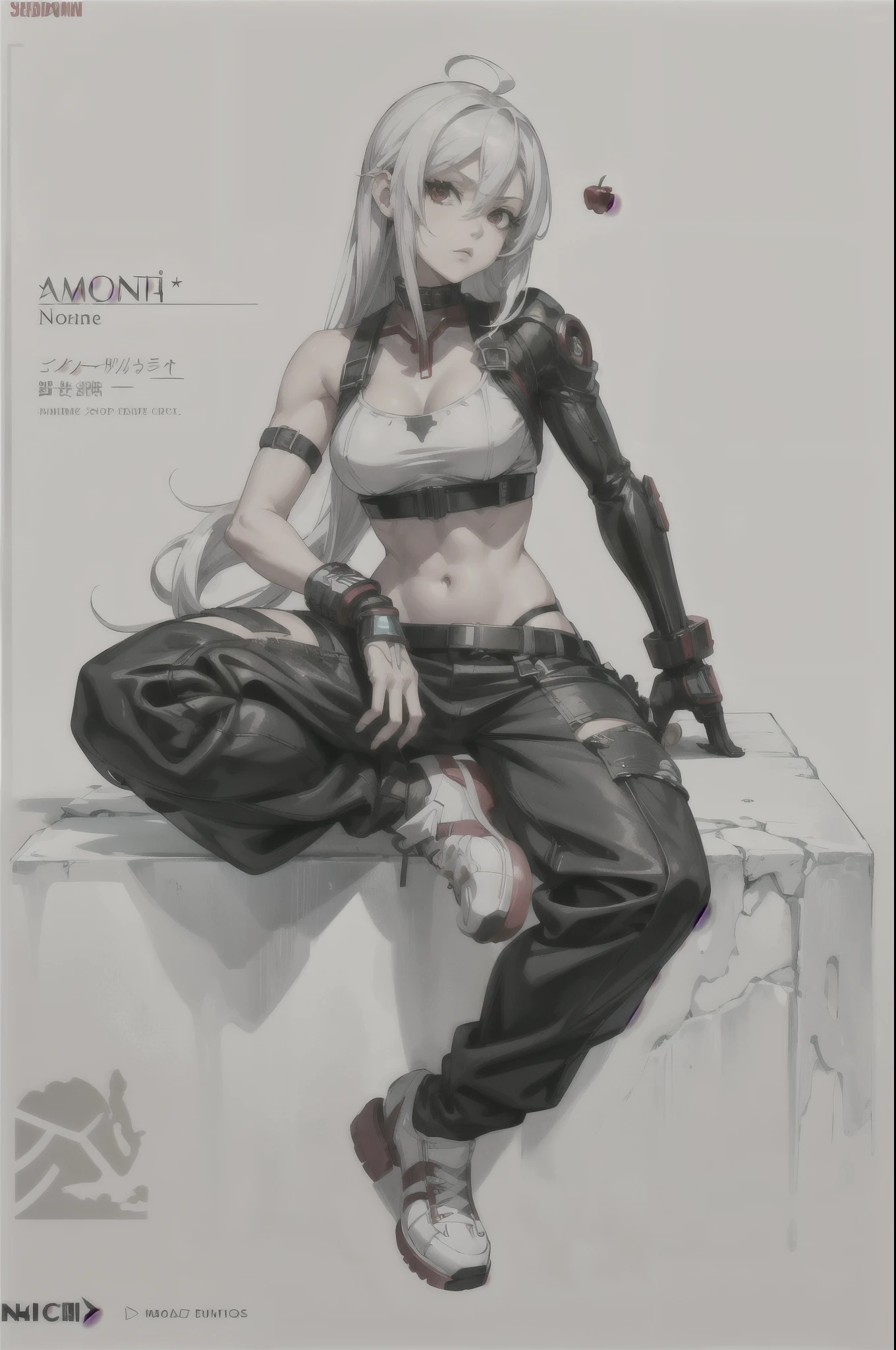 a cartoon drawing of a woman sitting on a wall with a red apple, shiro from deadman wonderland, an edgy assassin, anime style character, urban girl fanart, badass pose, inspired by INO, cyborg - girl with silver hair, very modern anime style, tifa lockhart with white hair, inspired by Rei Kamoi, inspired by Kamisaka Sekka