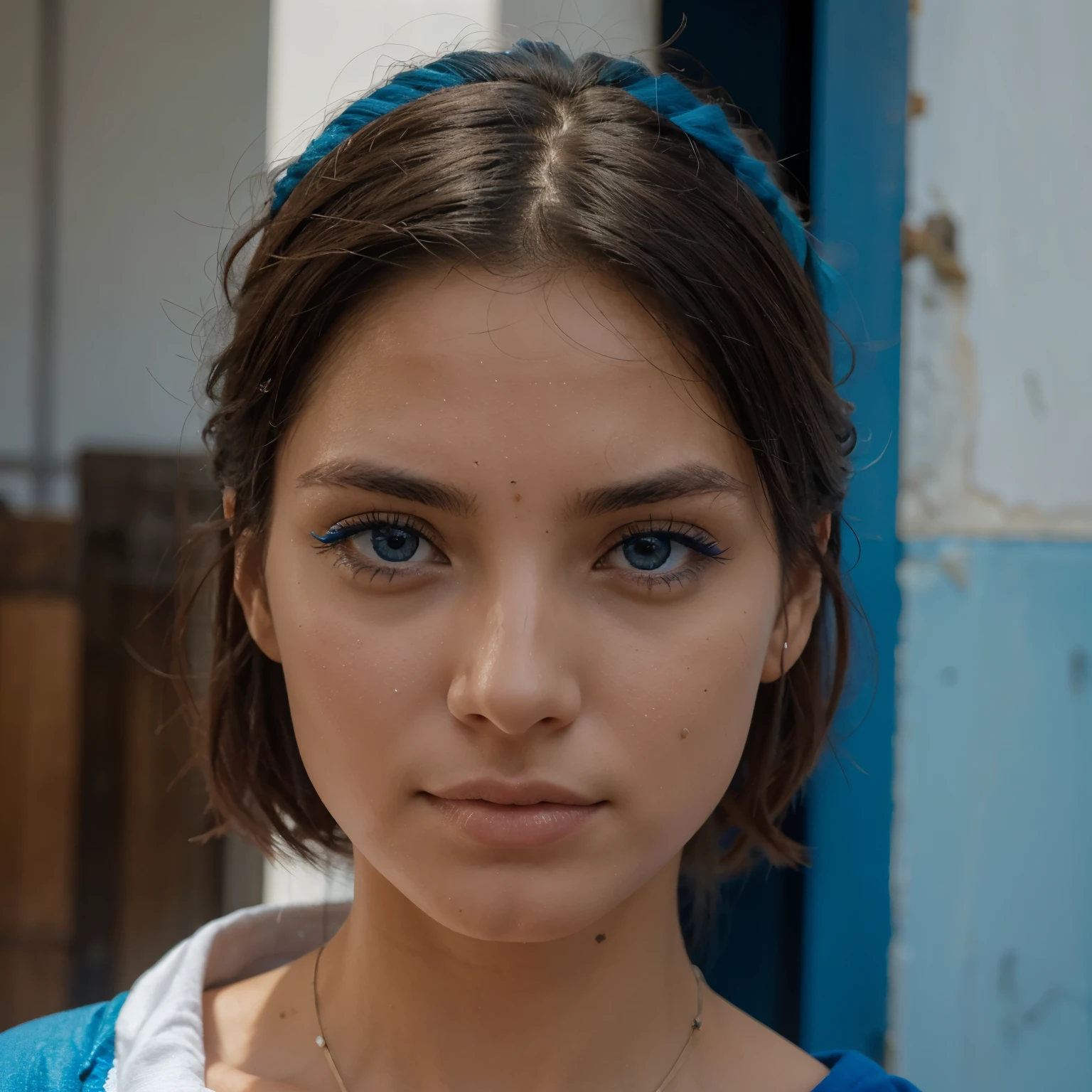 Fuerte cara detallada ojos azules pelo azul 
