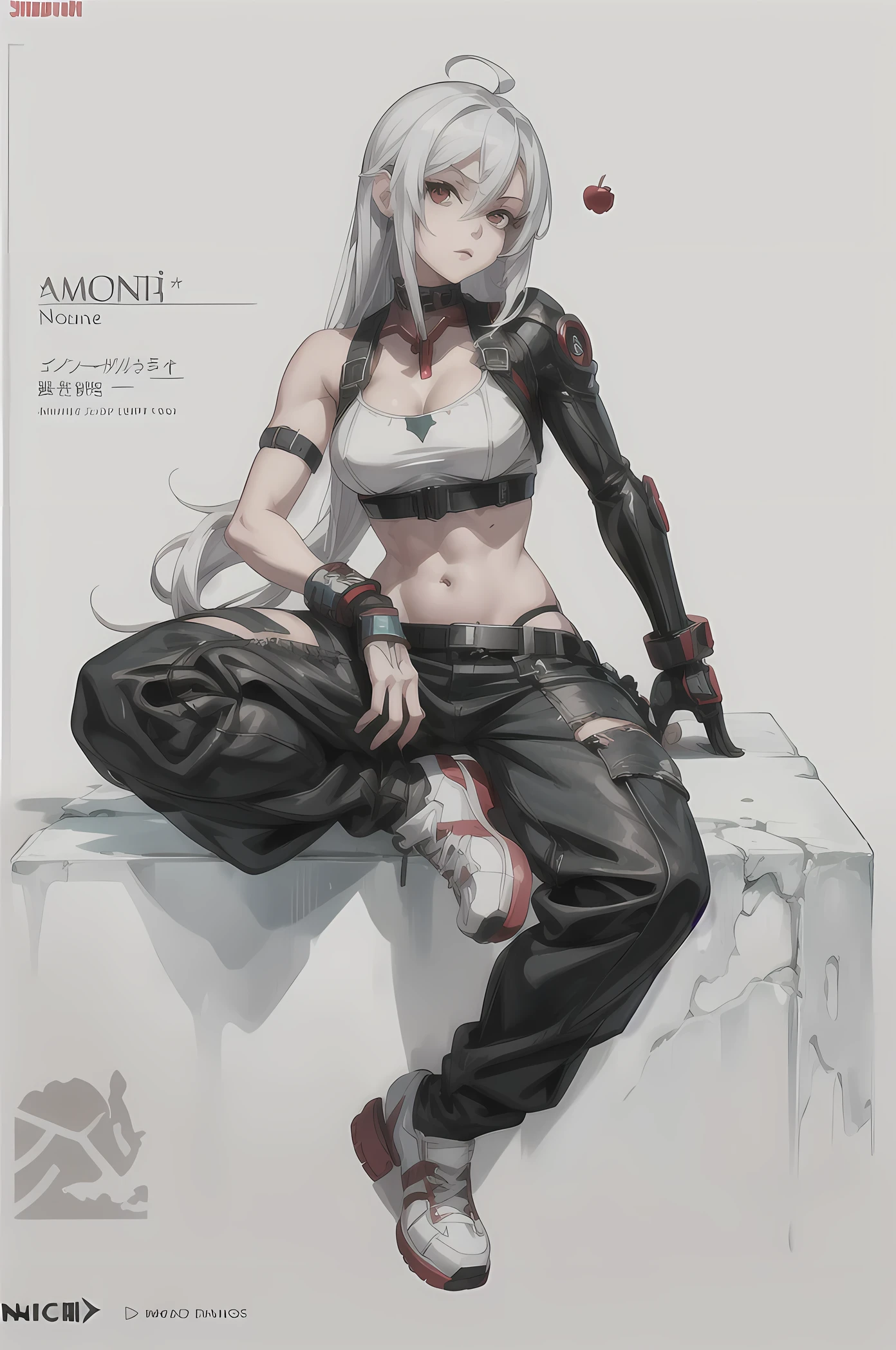 a cartoon drawing of a woman sitting on a wall with a red apple, shiro from deadman wonderland, an edgy teen assassin, anime style character, urban girl fanart, badass pose, inspired by INO, cyborg - girl with silver hair, very modern anime style, tifa lockhart with white hair, inspired by Rei Kamoi, inspired by Kamisaka Sekka