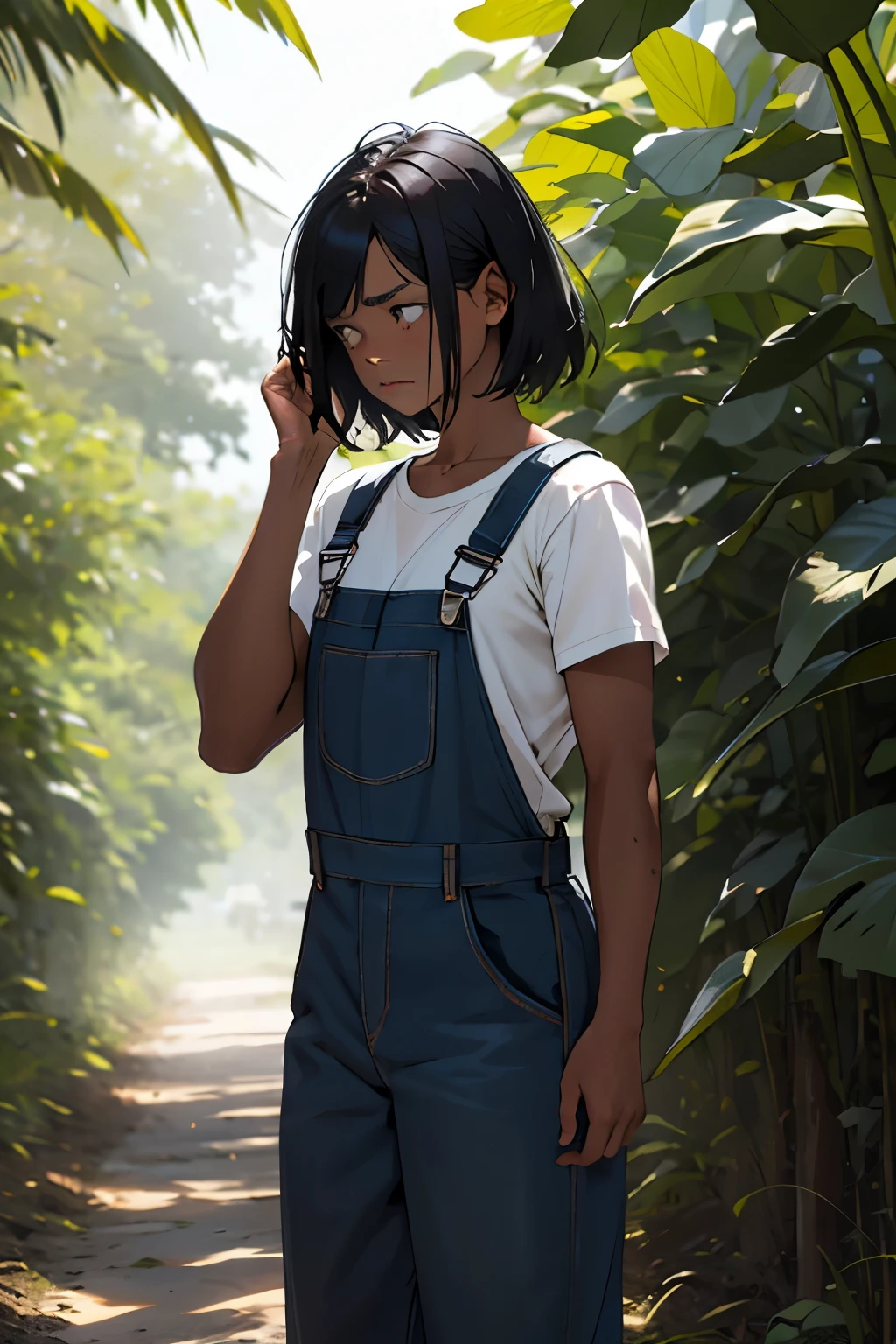 girl with black skin and black hair farmer with dirty overalls and plantation with a sad look
