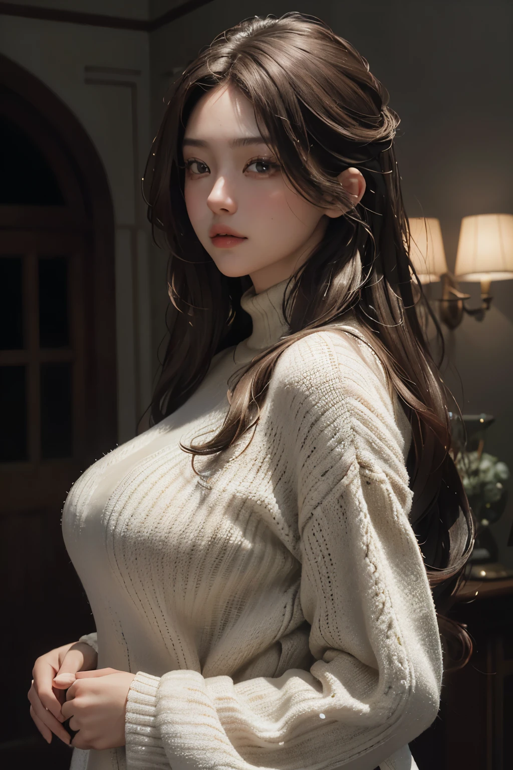 In this exquisitely crafted image, a beautiful girl is the center of attention, showcasing her captivating charm in the highest quality, rendered in an impressive 8K resolution. Her voluptuous figure is accentuated by the hug of a tight-knit sweater, with her big breasts taking the spotlight. Her double eyelids add an alluring elegance to her Asian features, as captured by the meticulous and super realistic cinema lens. The intricate play of light and shadow adds depth and an uncanny sense of reality to her very detailed face and eyes, with every pore and hair strand brought to life. Her long, light brown hair cascades down her back, the