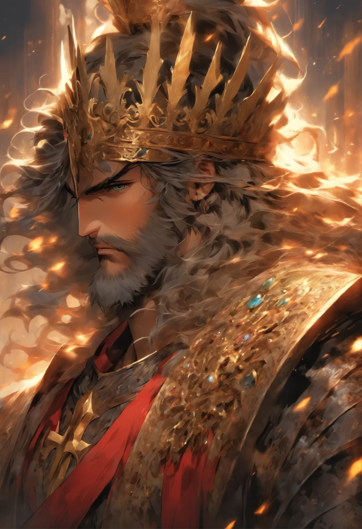 Caucasian Man. Dark Hair. average Hair .intelligent eyes. straight nose well-groomed beard. average hair. strong stature. tall strong and athletic build. wear wide belt sashes.ted textiles or adorned with precious metals. gemstones crown leather boots. black pants . bracelets for defend, knight long sword in hand. monarch. templer clothes .the cross on the chest