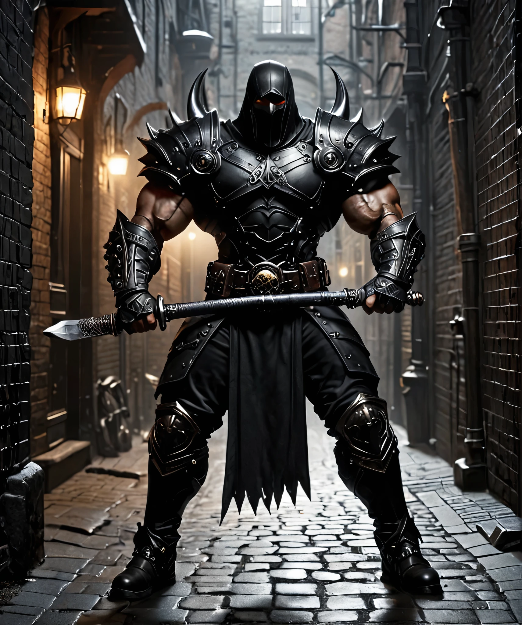 1 man, extremely muscular, black armor without helmet in a dark alley, wielding  a big sword  steampunknoireai 