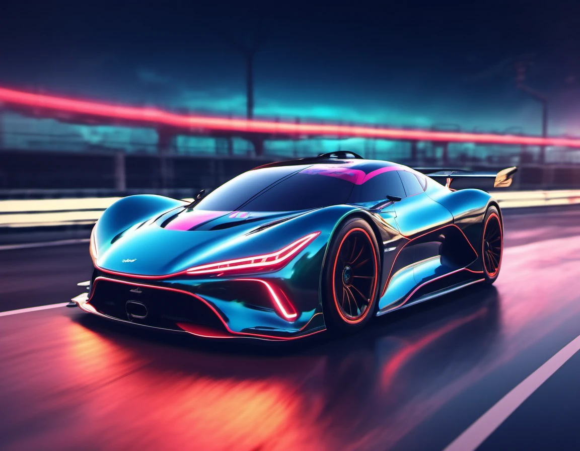 A racing car, futuristic, ultra realistic, on highway, neon lights up, close up, focus car, motion blur, front view