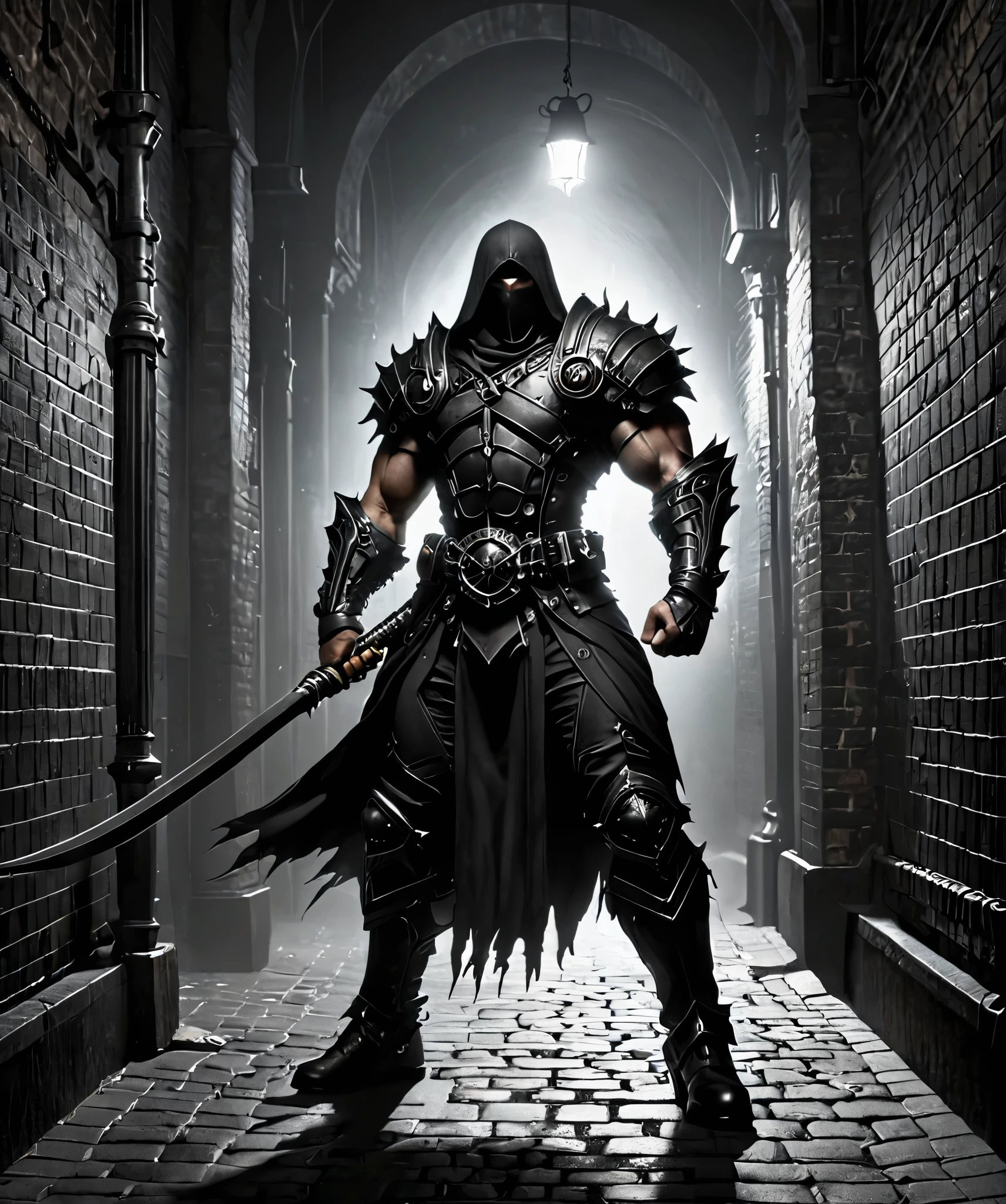 1 man, extremely muscular, black armor without helmet in a dark alley, wielding  a big sword  steampunknoireai 