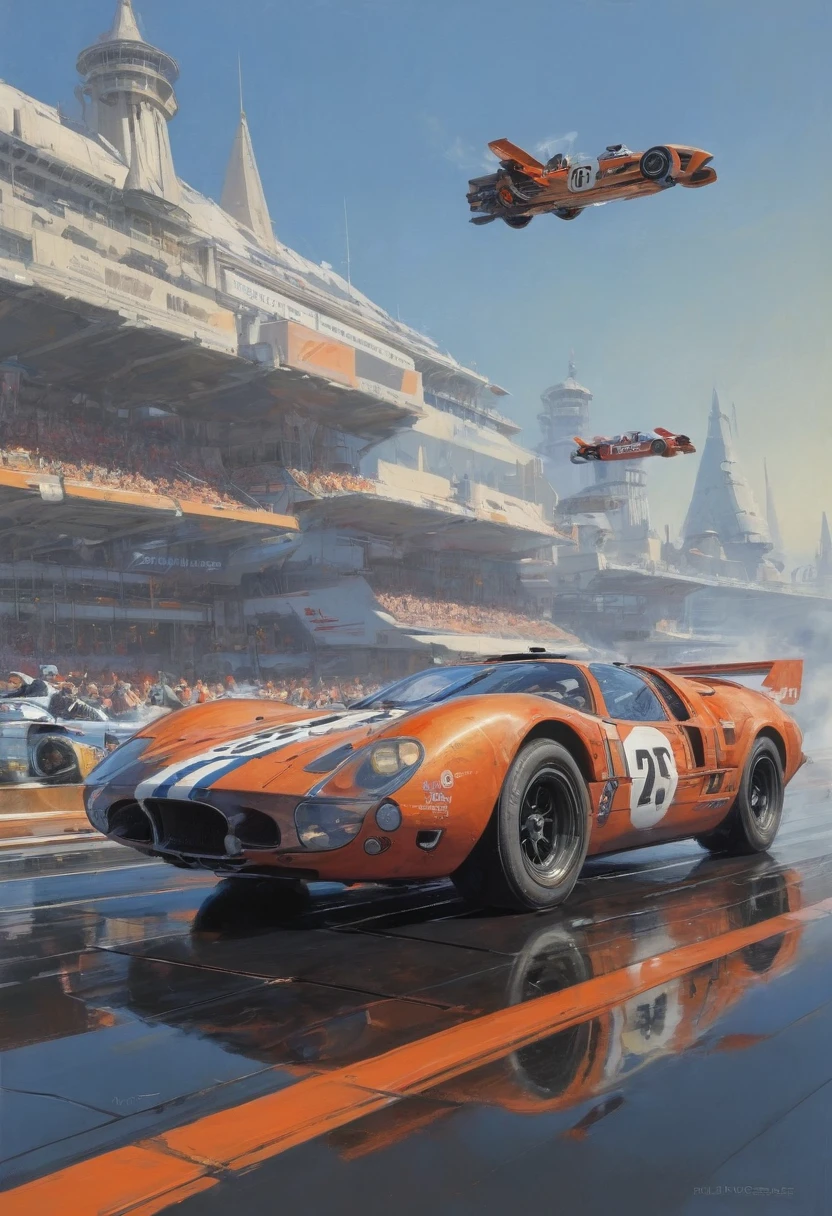 racing cars, by Ralph McQuarrie, best quality, masterpiece, very aesthetic, perfect composition, intricate details, ultra-detailed