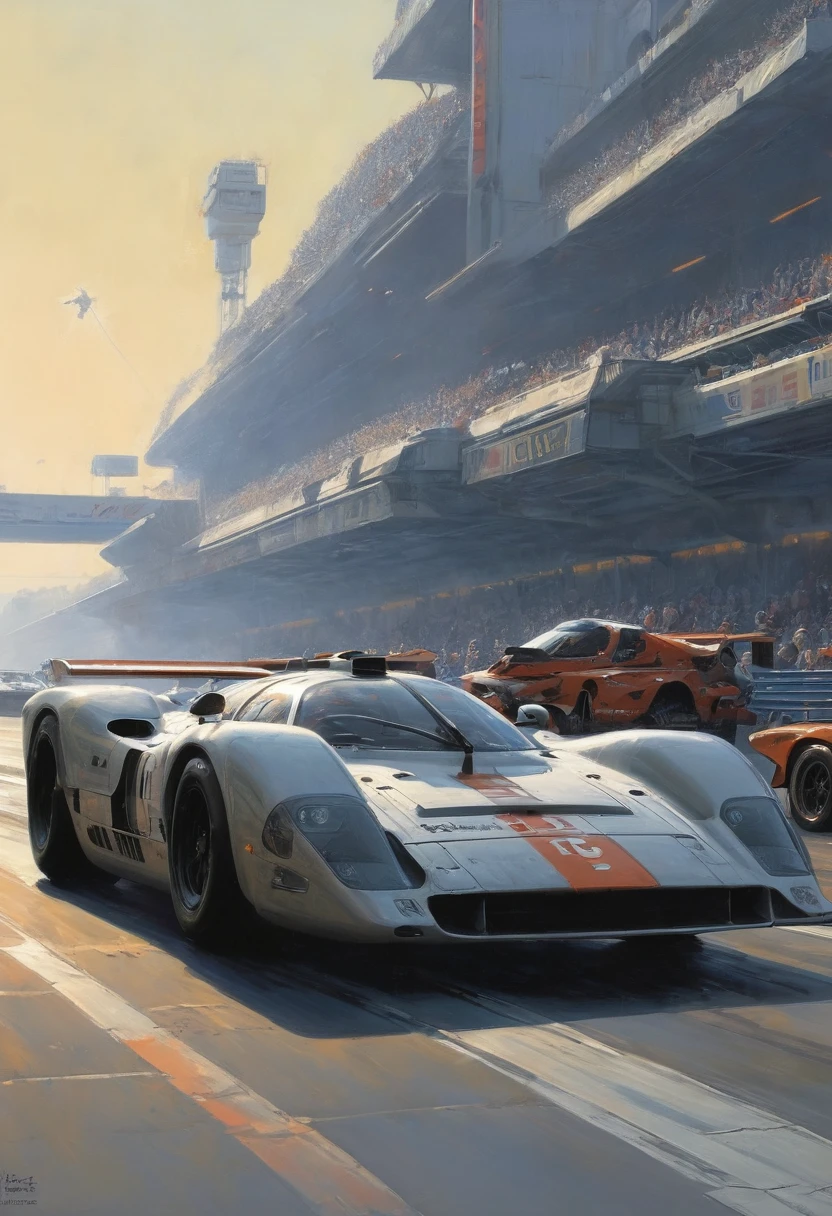 racing cars, by Ralph McQuarrie, best quality, masterpiece, very aesthetic, perfect composition, intricate details, ultra-detailed