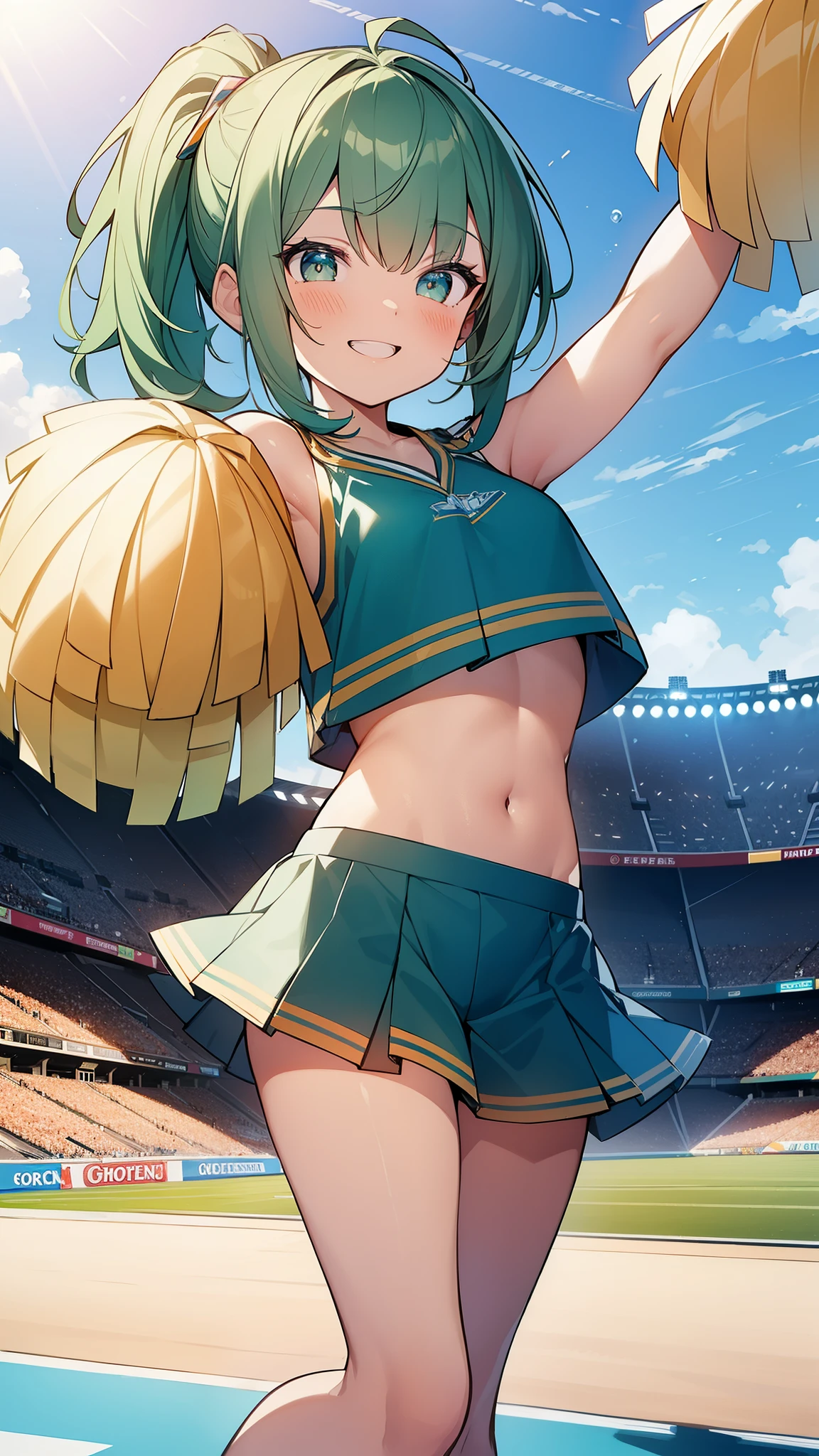 32k, 16k, 8k, best quality, ultra-detailed, high resolution, perfect anatomy, head on, stadium background, cheerleader, high quality eyes, cute girl, peek from below, happy smile, ligth green hair, acrobatic pose,