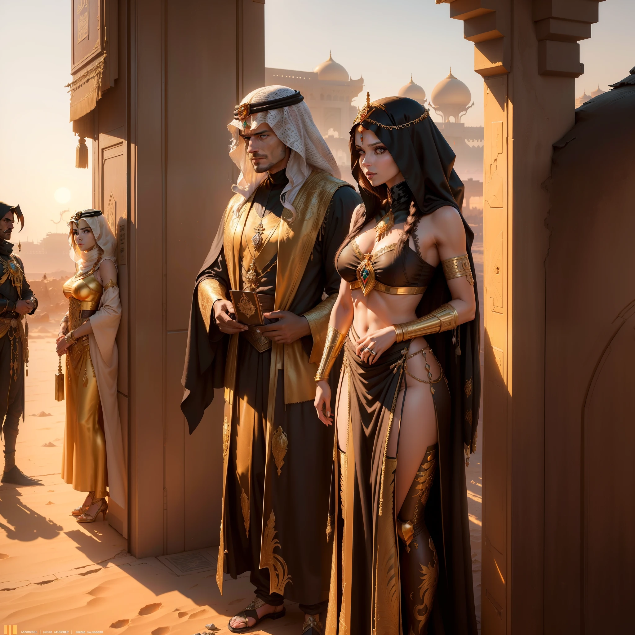 Photo of (arabian princess:1.5) Packed hall standing in the background々and衣装を着て (Cyberpunk Desert:1.3), (Exotic Royal Palace:1.5) and (sunset sky:1.2). In a complex hijab, Long vest in jewelry with gold embroidery, detailed face and eyes, (very detailed:1.4), 8K, realistic, (long dark brown hair:1.2), (young woman:1.1), Written by Jeremy Mann, Written by Sandra Chevrier, Written by Maciej Cuchara, (shadows and highlights:1.3), true shadow, 。.3D, (golden hour lighting:1.3), (by Michelangelo:0.9), Art stations and deviations, Greg Rutkowski and Alphonse Much