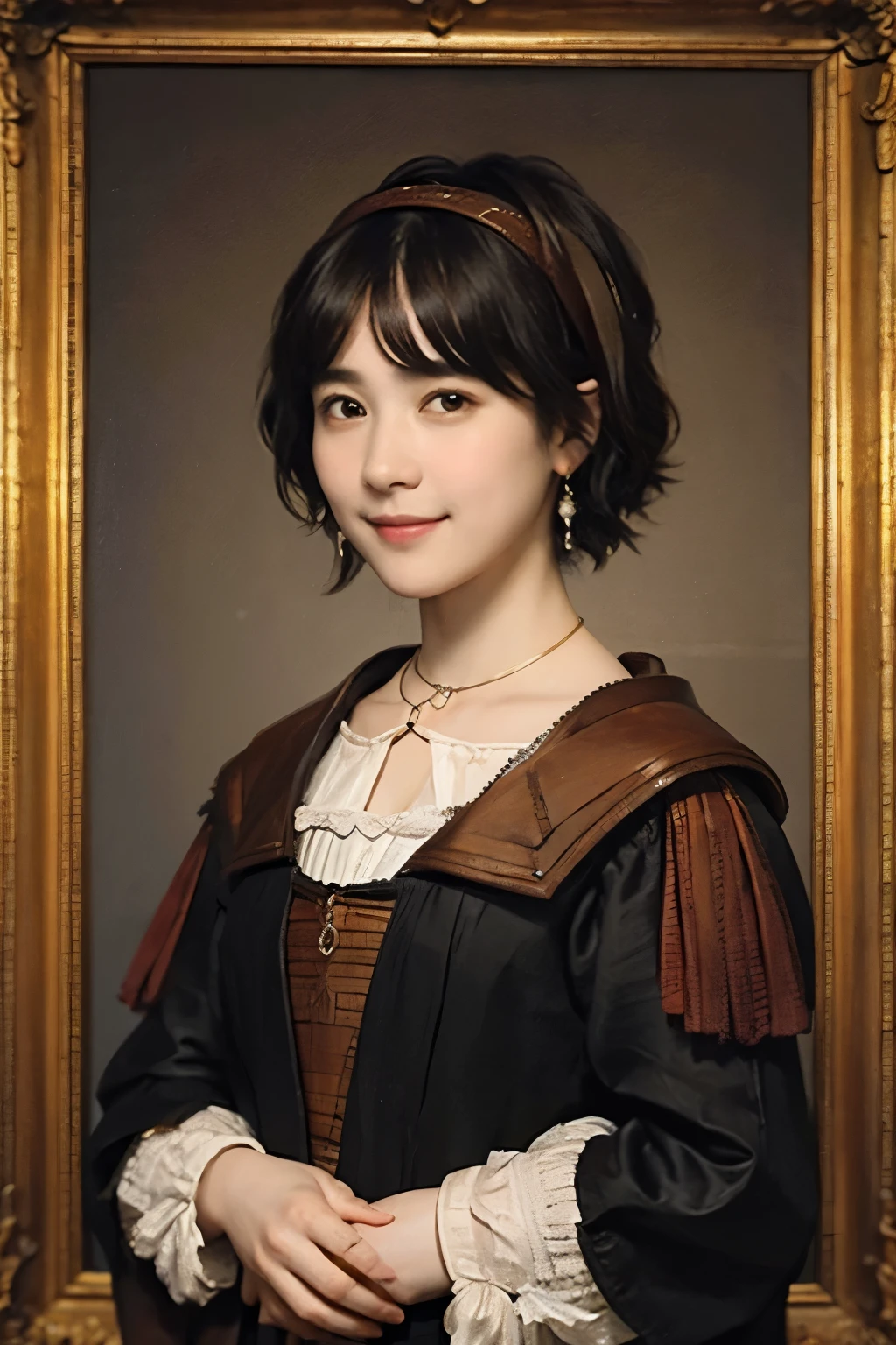 183 Short hair, 20 year old female, gentle smile, (rembrandt style painting), (chest:1.2), whole body