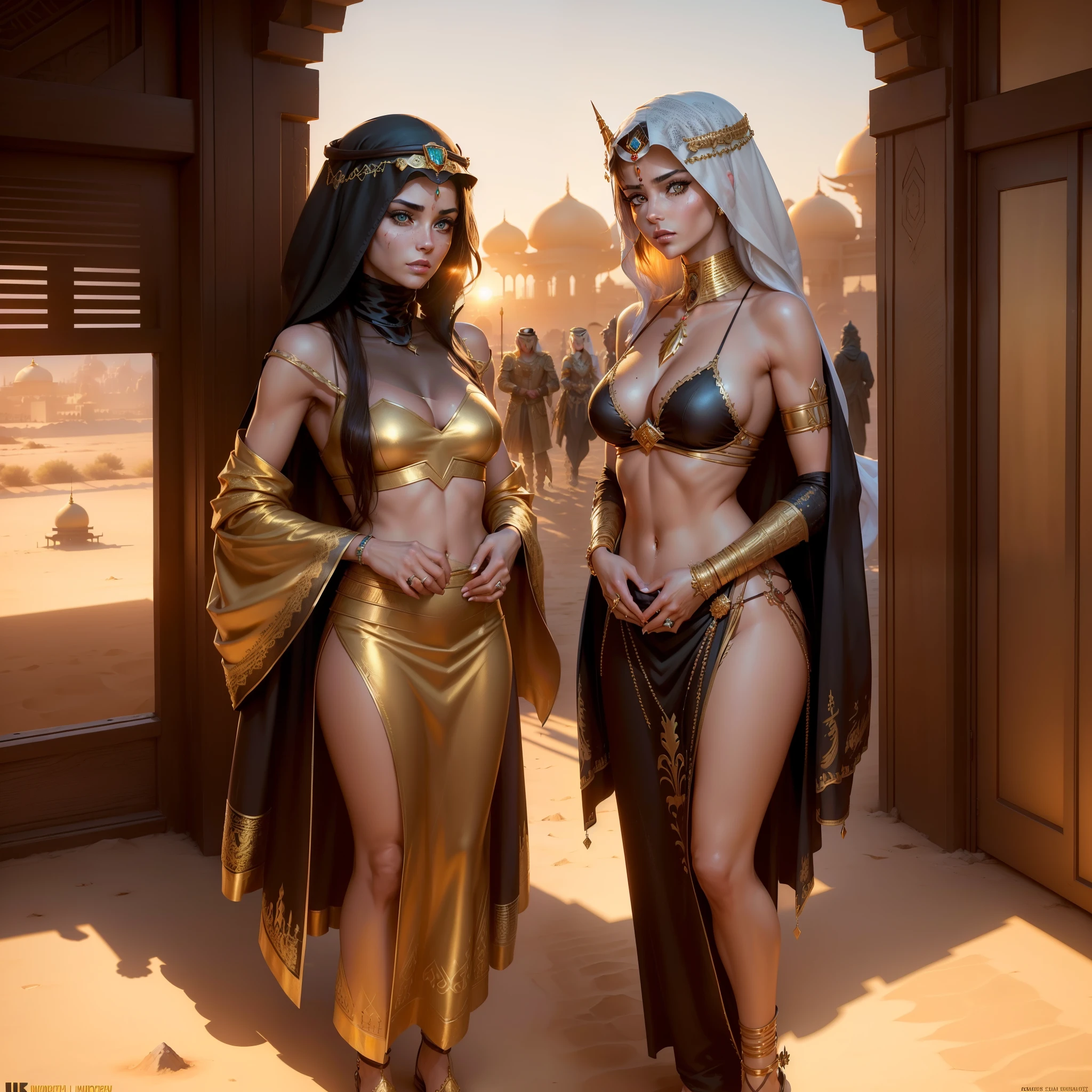 Photo of (arabian princess:1.5) Packed hall standing in the background々and衣装を着て (Cyberpunk Desert:1.3), (Exotic Royal Palace:1.5) and (sunset sky:1.2). In a complex hijab, Long vest in jewelry with gold embroidery, detailed face and eyes, (very detailed:1.4), 8K, realistic, (long dark brown hair:1.2), (young woman:1.1), Written by Jeremy Mann, Written by Sandra Chevrier, Written by Maciej Cuchara, (shadows and highlights:1.3), true shadow, 。.3D, (golden hour lighting:1.3), (by Michelangelo:0.9), Art stations and deviations, Greg Rutkowski and Alphonse Much