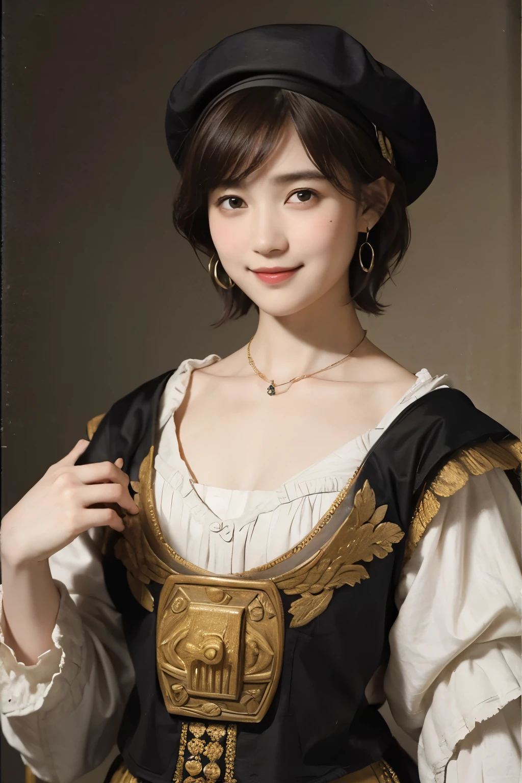 183 Short hair, 20 year old female, gentle smile, (rembrandt style painting), (chest:1.2), whole body
