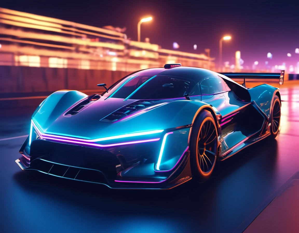 A racing car, futuristic, cyberpunk, ultra realistic, at night, on highway, neon lights up, close up, focus car,  motion blur