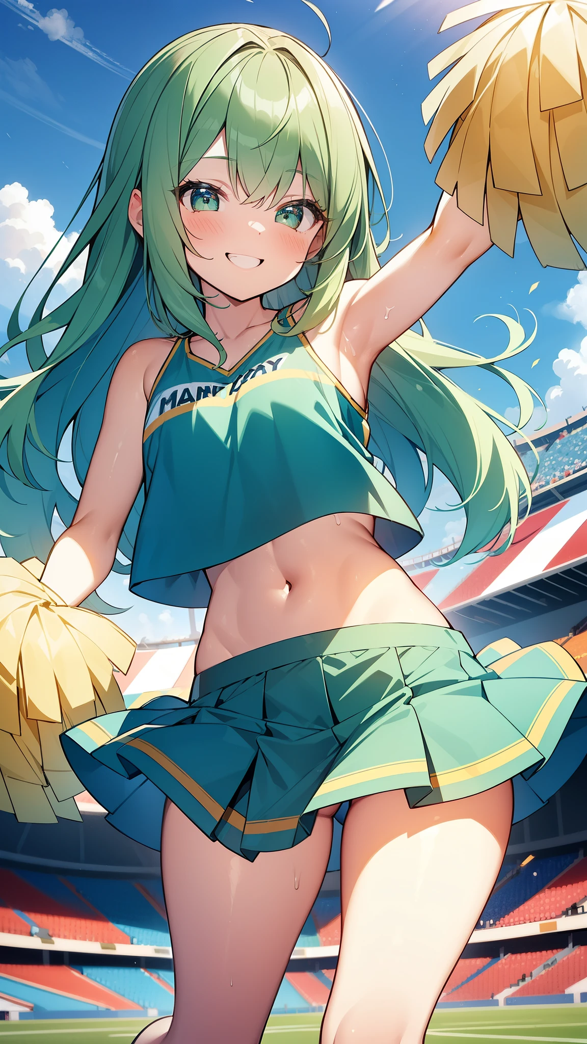 32k, 16k, 8k, best quality, ultra-detailed, high resolution, perfect anatomy, head on, stadium background, cheerleader, high quality eyes, cute girl, peek from below, happy smile, ligth green hair, acrobatic pose,