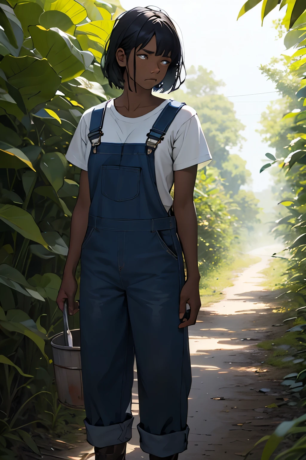 girl with black skin and black hair farmer with dirty overalls and plantation with a sad look