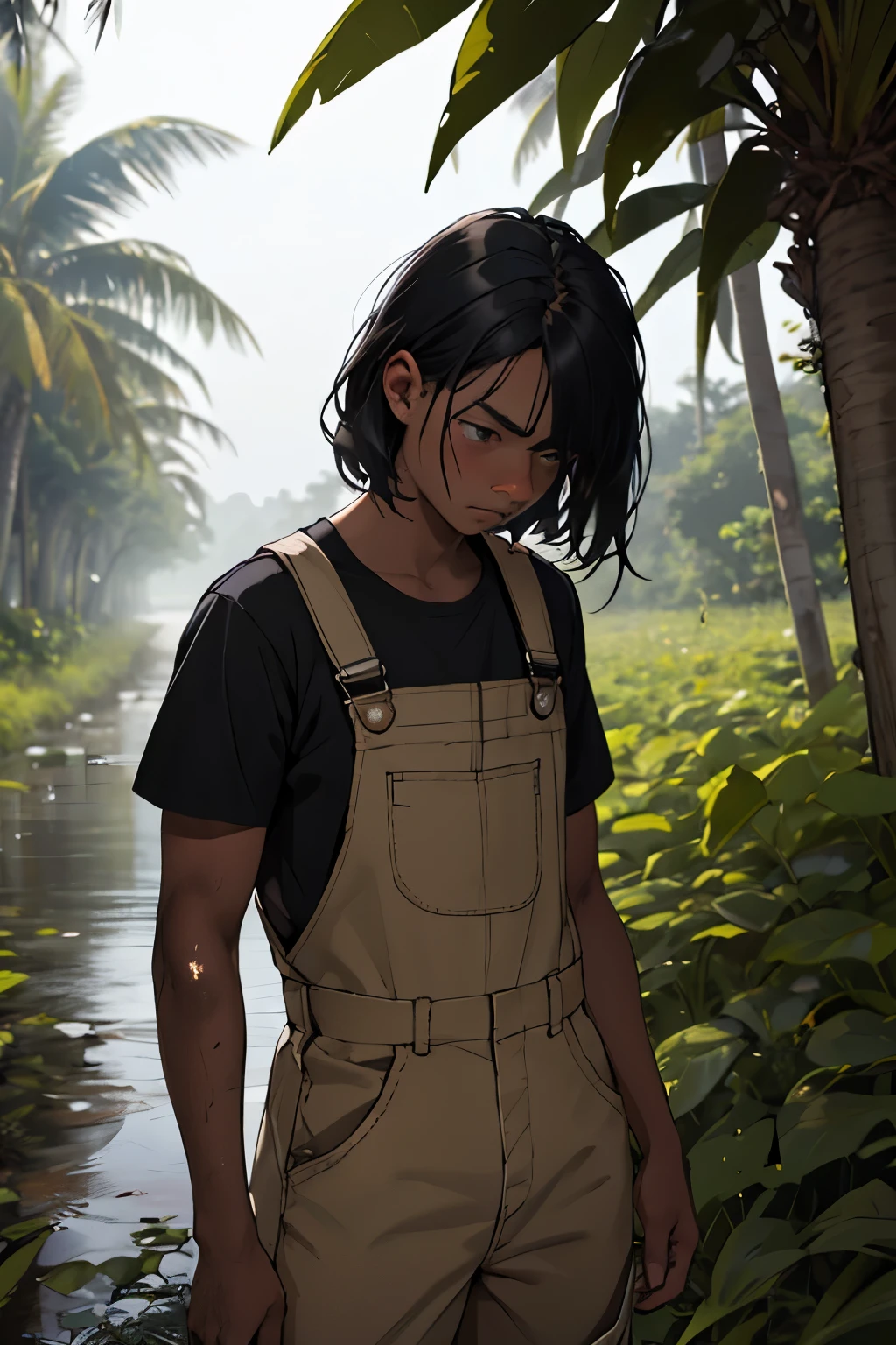 girl with black skin and black hair farmer with dirty overalls and plantation with a sad look