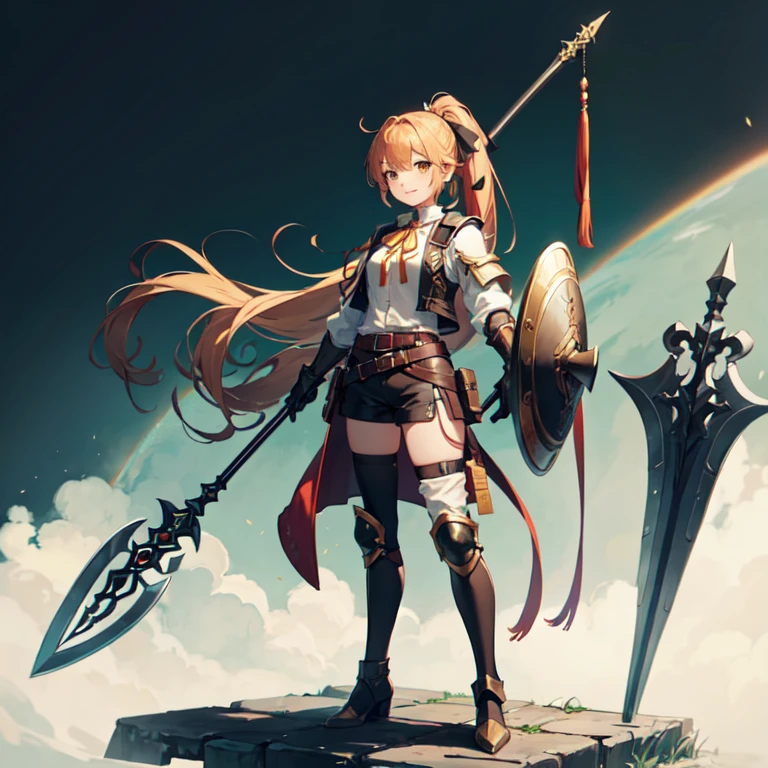 1girl, solo, shield, weapon, thighhighs, polearm, gloves, boots, long-hair, black-background, armor, brown-gloves, ponytail, orange-hair, full-body spear, ribbon, holding, simple-background, holding-weapon, looking-at-viewer, hair-ribbon, black-thighhighs, brown-footwear, smile, brown-eyes, shirt, yellow-eyes, standing, shorts, knee-pads, blue-ribbon, belt, shoulder-armor, white-shirt, vest,