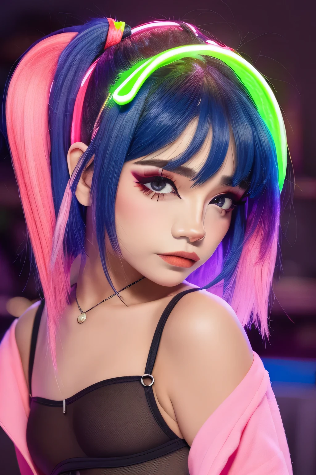 1 chica, Labios partidos, rubor, constituir, sonrisa ligera, (((Neon blue ombre and neon pink hair:1.1))), crimson eyes, ((lenceria negra:1)), rayos de luz, brillo, muslos,brecha del muslo,clavicle, cintura estrecha, (obra maestra), fondo de pantalla, (pechos grandes), pelo muy tronco, solar flare, destello de lente