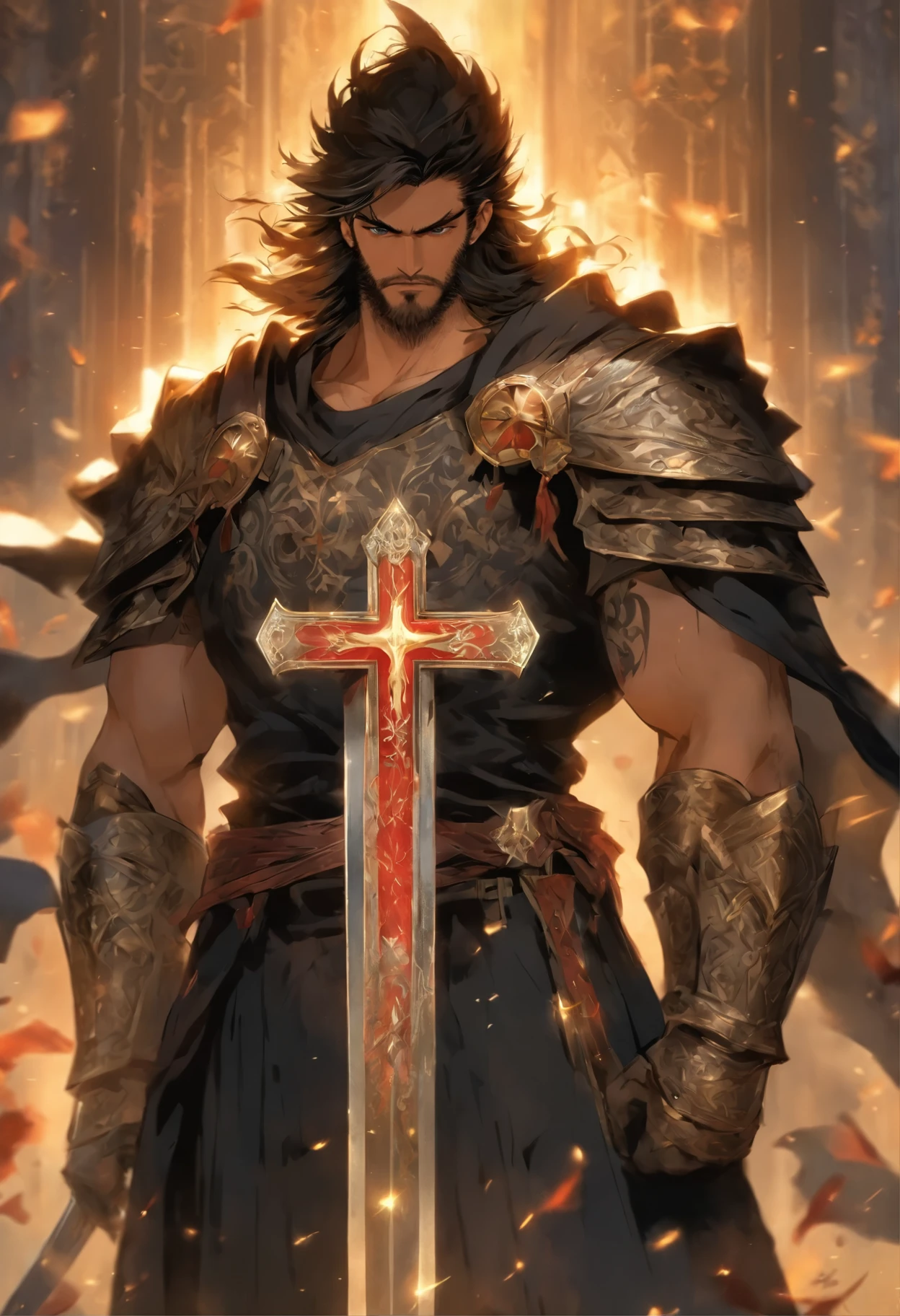 Caucasian Man. Dark Hair. average Hair .intelligent eyes. straight nose well-groomed beard. short hair. strong stature. tall strong and athletic build. wear wide belt sashes.ted textiles or adorned with precious metals. gemstones crown leather boots. black pants . bracelets for defend, knight long sword in hand. monarch. templer clothes .the cross on the chest