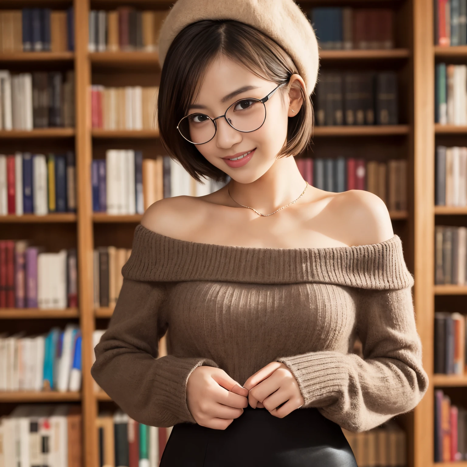 (highest quality、masterpiece、Award-winning work、8K、best image quality、hyper realism)、1 girl、(elegant round glasses:1.2)、(Elegant and modern library:1.1)、(The most natural and perfect library interior:1.1)、(Perfectly organized and regular bookshelf:1.1)、The most natural and perfect bookshelf、smile looking at me、(standing elegantly:1.1)、(brown perfect beret:1.1)、(short bob hair:1.1)、(off-the-shoulder long-sleeved knit dress:1.1)、clavicle、Chunky warm knitwear、(Tight skirt made of elegant melton fabric with check pattern:1.1)、(gray and brown plaid skirt:1.1)、(big breasts:1.2)、(emphasize body line:1.1)、natural makeup、blurred library background、(Beautiful skin that shines brightly:1.1)、Super high-definition glossy skin、(Super high-definition glowing beautiful skin:1.2)、Ultra high definition glossy lips、Super high definition beautiful teeth、(Moody warm lighting:1.1)