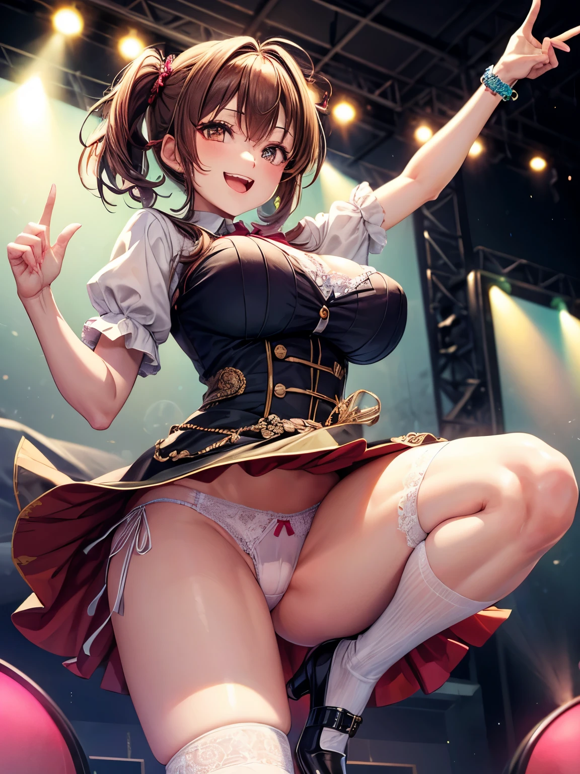 highest quality、All limbs、full finger、Slender beauty、brown hair、Dereste、red, 白とredのアイドル衣装:1.1、knee socks、beautiful big breasts、live stage、sing、holding a microphone, dancing, big smile、(white horizontal lace panties :1.1), The skirt is flipped by the wind, show off panties, (shirt lift:0.8)