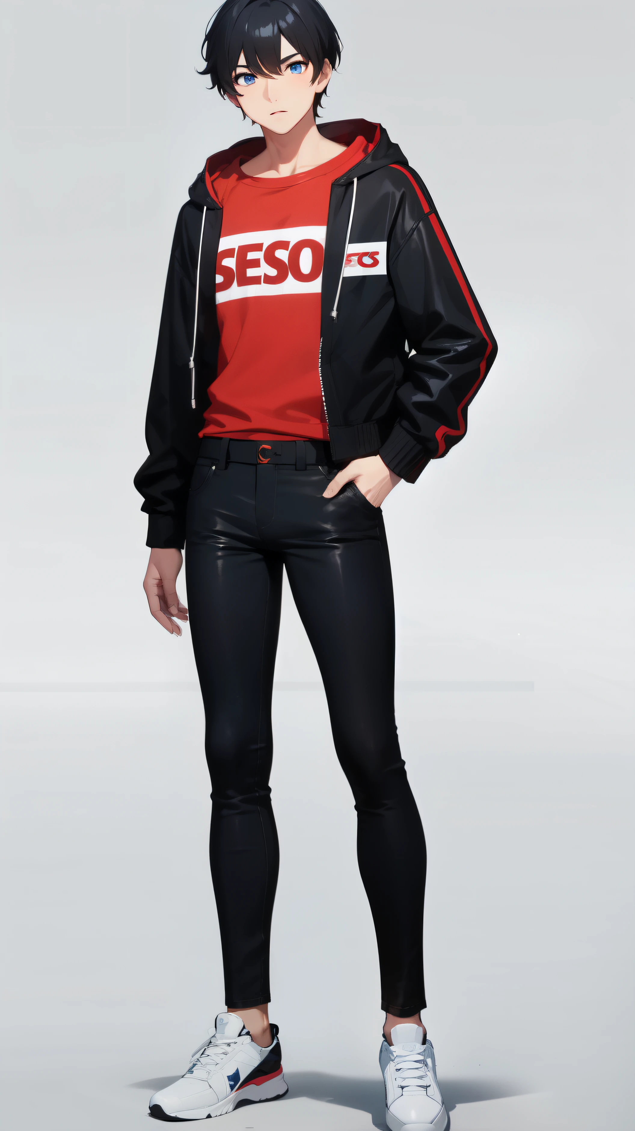 short hair, it_group_,itgroupR5, skin, black jacket, Red T-shirt, Black trousers, trousersยีนส์สีดำ, background, white, full body, focus man, shoe, trousers, range hood, 1 boy, white shoe, black hair, blue eyes, shirt, full body,