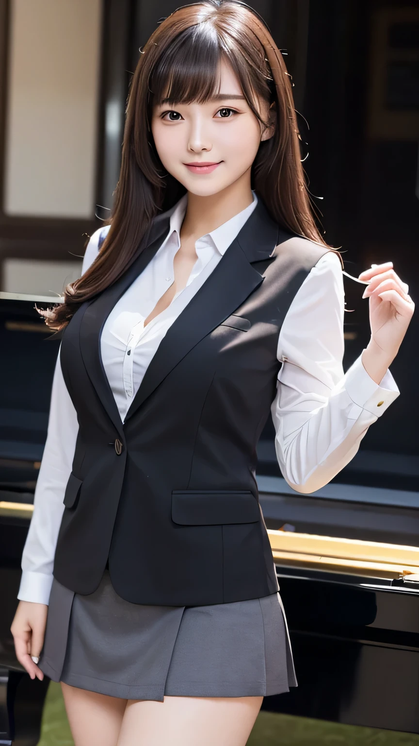 ((best quality)), ((Pianfei)), (Detailed breasts), (emphasize), perfect face、young girls,sweet smile,Showing cleavage on face,Rich in details、long, Thick, Smooth, Beautiful brunette hair and blunt bangs、solid color background、Permanent student body president in blazer and miniskirt