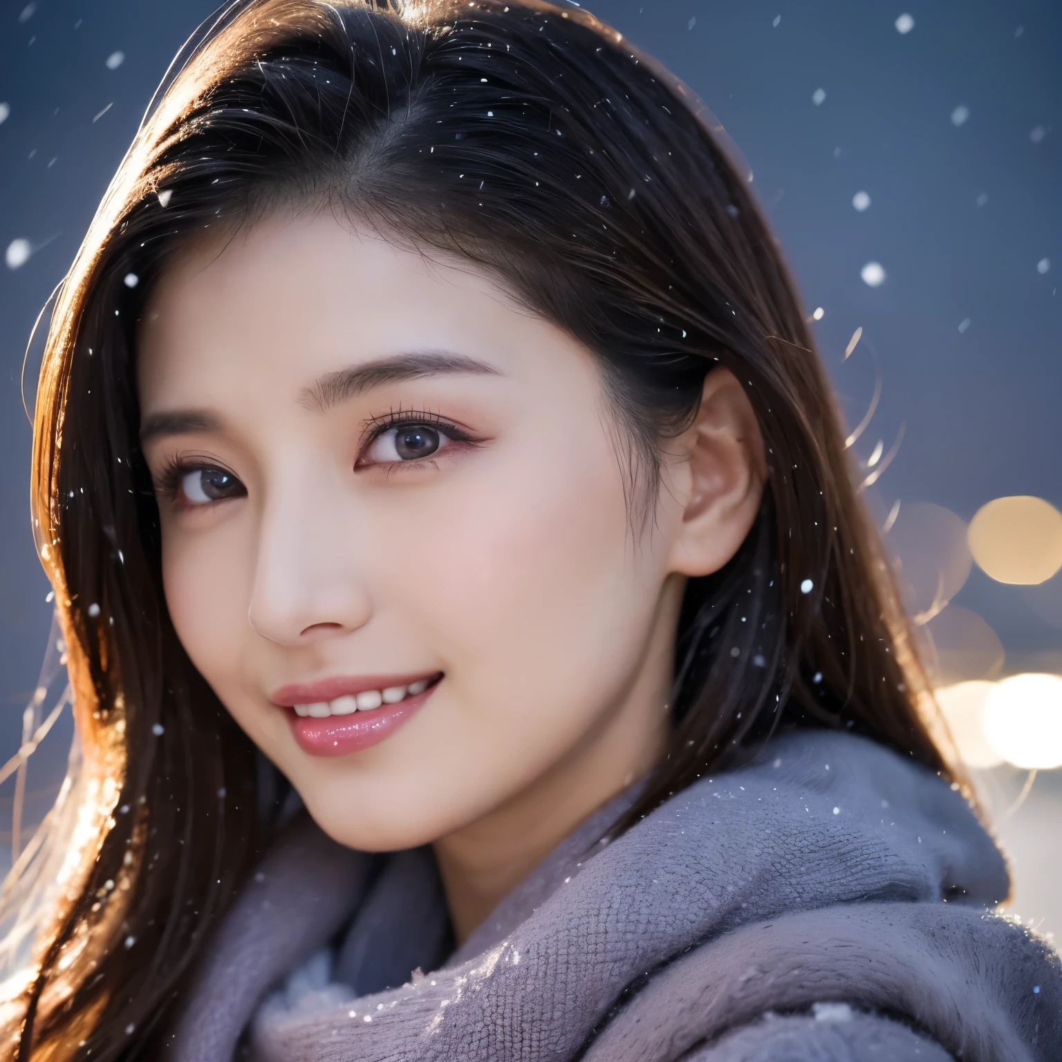 ((highest quality、table top、8K、best image quality、Award-winning work))、one beautiful woman、smile looking at me、(close up of face:1.6)、(The perfect and most natural long muffler:1.2)、(elegant thick coat:1.1)、epic movie lighting、(romantic love feelings:1.1)、(The most romantic and moody atmosphere:1.1)、winter city、Snowy landscape in the city、(The snow in the air sparkles finely:1.1)、(It&#39;s snowing heavily:1.1)、(Tyndall effect:1.1)、(Night view of the city with snow falling:1.2)、Shining beautiful skin、(accurate anatomy:1.1)、Ultra high definition beauty face、long eyelashes、natural makeup、ultra high definition hair、Ultra high definition eyes、(超高解像度でShining beautiful skin:1.1)、Super high resolution glossy lips、radiant beautiful skin、(Super high definition perfect beautiful teeth:1.1)