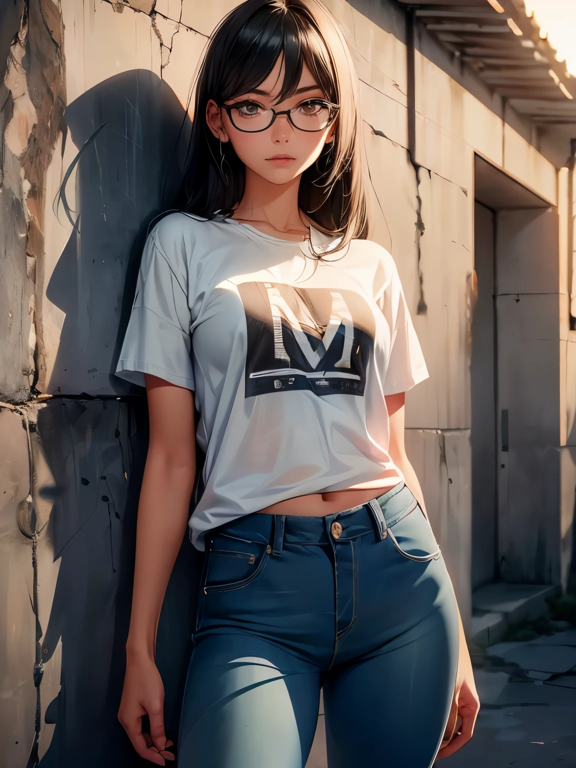 The image you have provided is an illustration of a character, dibujado en un estilo anime o manga. The character is a young woman with shoulder-length brown hair and glasses.. Parece estar en una pose pensativa o contemplativa, with index finger touching his lips and eyes looking slightly to the side. Lleva una sudadera negra con las palabras "MENTALMENTE INESTABLE" impresas en negrita y letras blancas en el frente. Besides, lleva unos shorts vaqueros y parece estar de pie contra un fondo blanco liso. There is a small speech bubble near his head, que contiene tres puntos suspensivos, indicando una pausa o silencio. El dibujo tiene un estilo casual y moderno, with a focus on character expression and clothing.