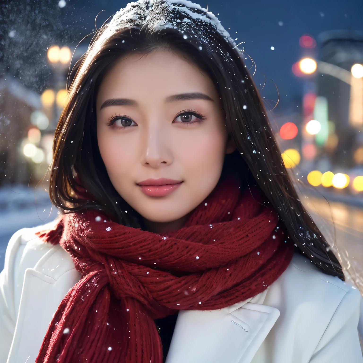 ((highest quality、table top、8K、best image quality、Award-winning work))、one beautiful woman、smile looking at me、(close up of face:1.6)、(The perfect and most natural red long scarf:1.2)、(elegant thick white coat:1.1)、epic movie lighting、(romantic love feelings:1.1)、(The most romantic and moody atmosphere:1.1)、winter city、Snowy landscape in the city、(The snow in the air sparkles finely:1.1)、(It&#39;s snowing heavily:1.1)、(Tyndall effect:1.1)、(Night view of the city with snow falling:1.2)、Shining beautiful skin、(accurate anatomy:1.1)、Ultra high definition beauty face、long eyelashes、natural makeup、ultra high definition hair、Ultra high definition eyes、(超高解像度でShining beautiful skin:1.1)、Super high resolution glossy lips、radiant beautiful skin