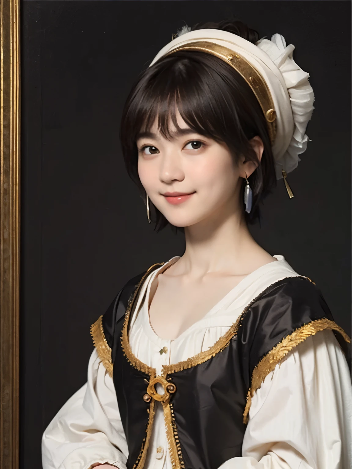 183 Short hair, 20 year old female, gentle smile, (rembrandt style painting), (chest:1.2), whole body